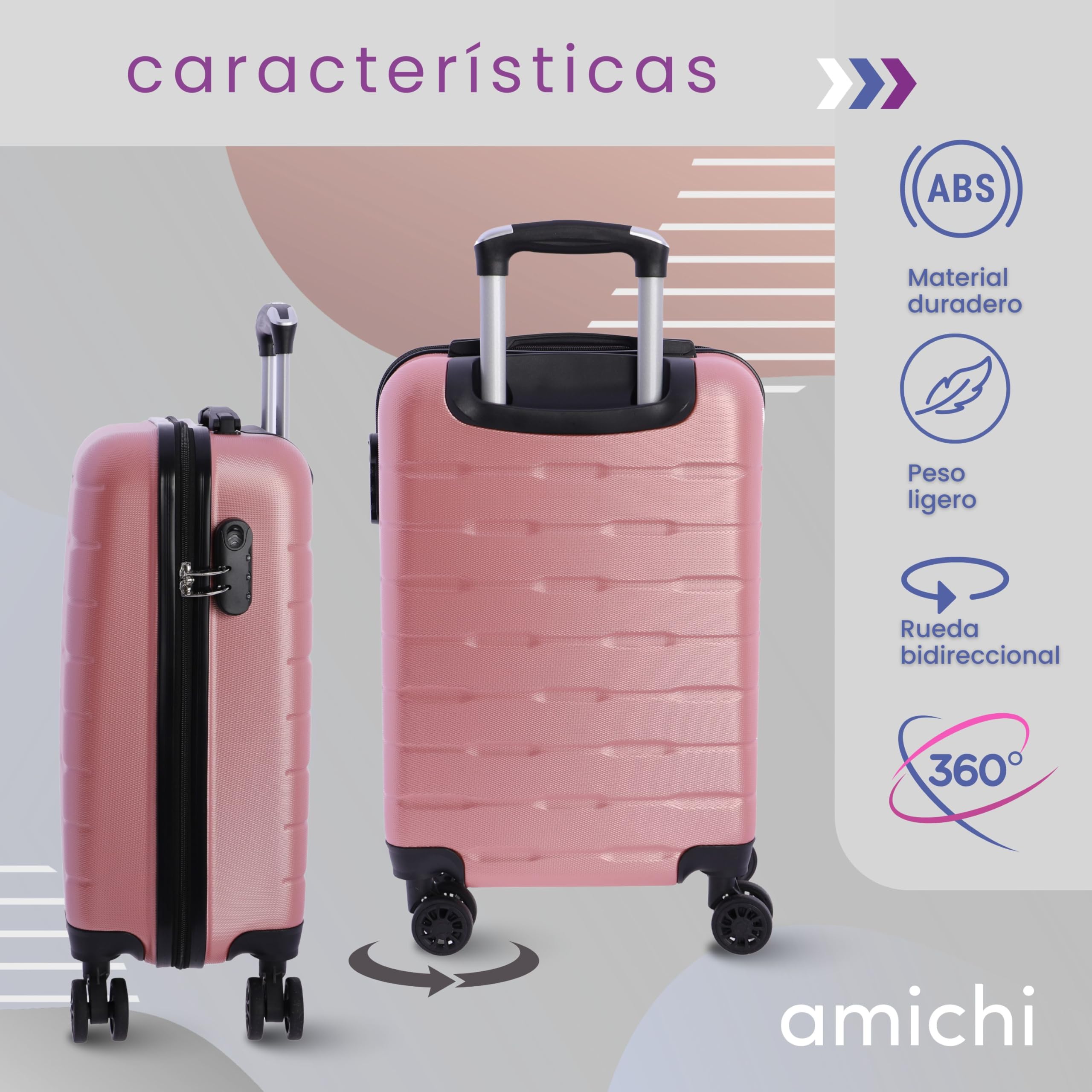 AMICHI - Maletas de Viaje Cabina - Maleta Cabina - Maletas de Viaje - Apta para Ryannair- Trolley Equipaje para Avion Resistente con 4 Ruedas de 360º y candado