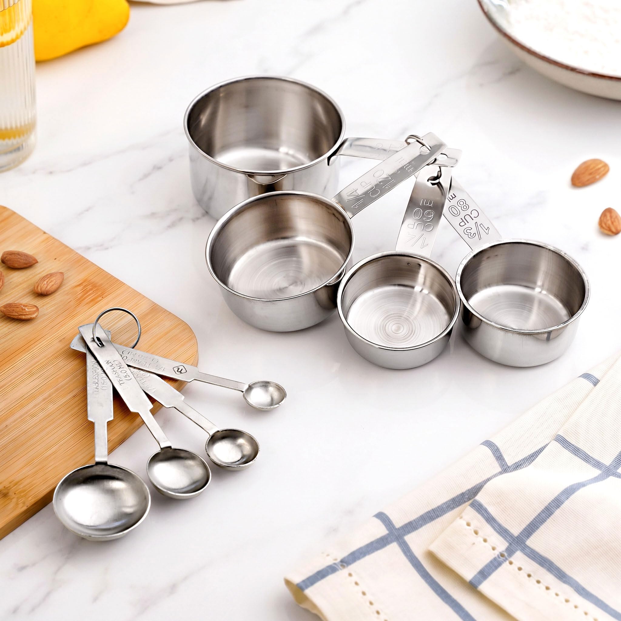 Nestasia Stainless Steel Measuring Cups & Spoons Set of 8 - Stain & Rust Resistant Measuring Cups with Measurement Markings for Cooking & Baking | 100% Food Safe, Dishwasher Safe & Nested Tools