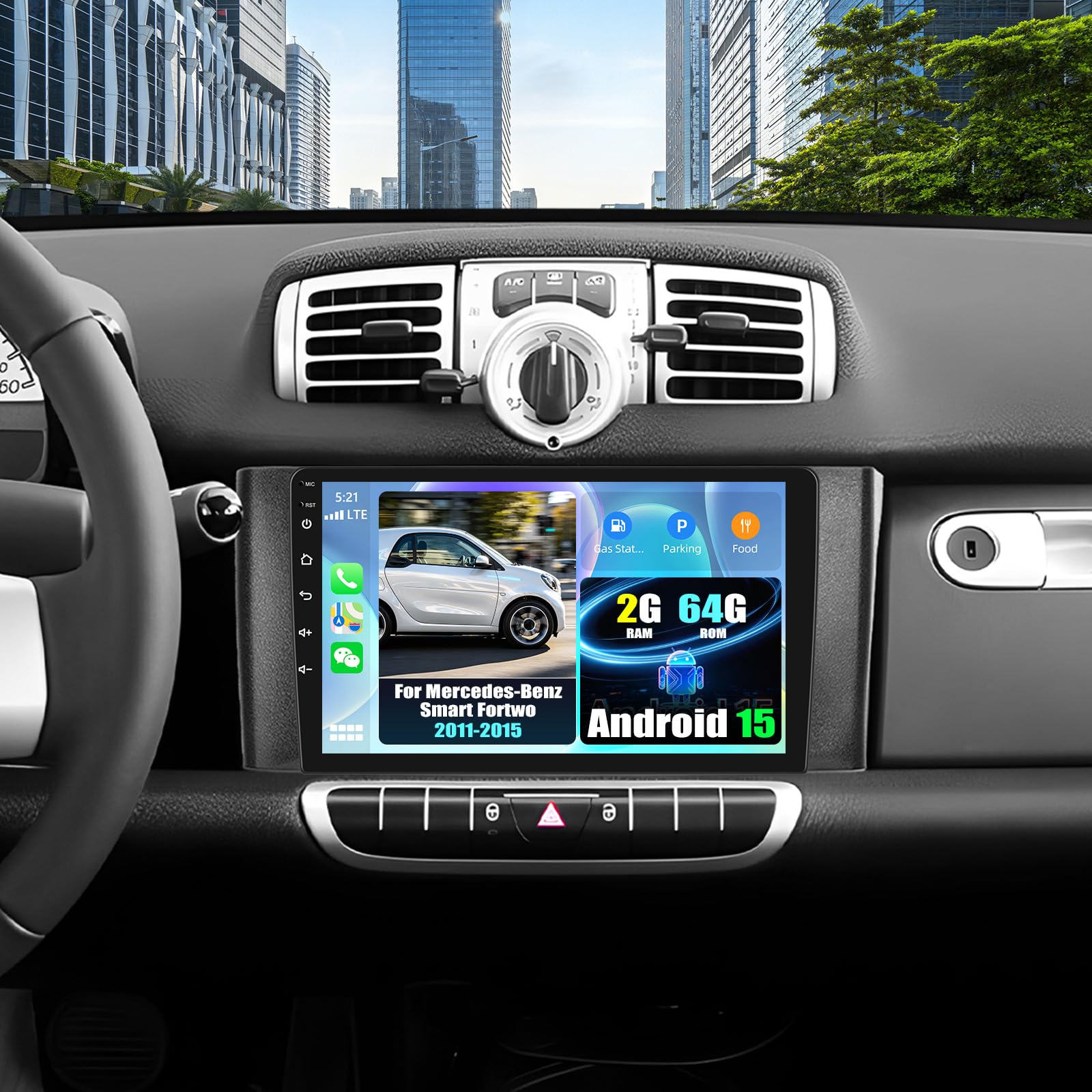 CAMECHO 2+64 GB Android 15 do samochodów Mercedes-Benz Smart Fortwo W451 (2011–2015) z CarPlay GPS nawigacją 9-calowym ekranem dotykowym Bluetooth WiFi FM/RDS EQ i kamerą