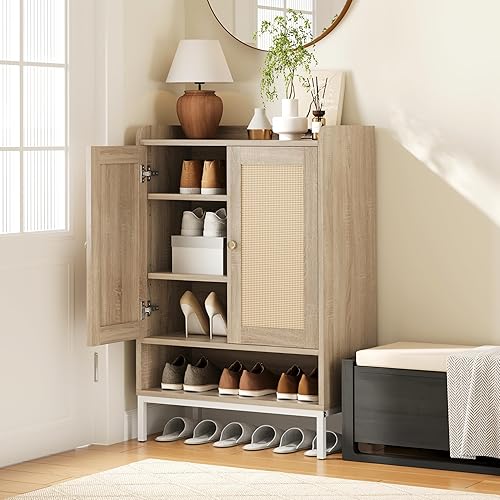 JASIWAY Gabinete de zapatos de ratán para entrada, zapatero con estantes ajustables para entrada, 5 niveles, 18 pares de zapatero para pasillo,