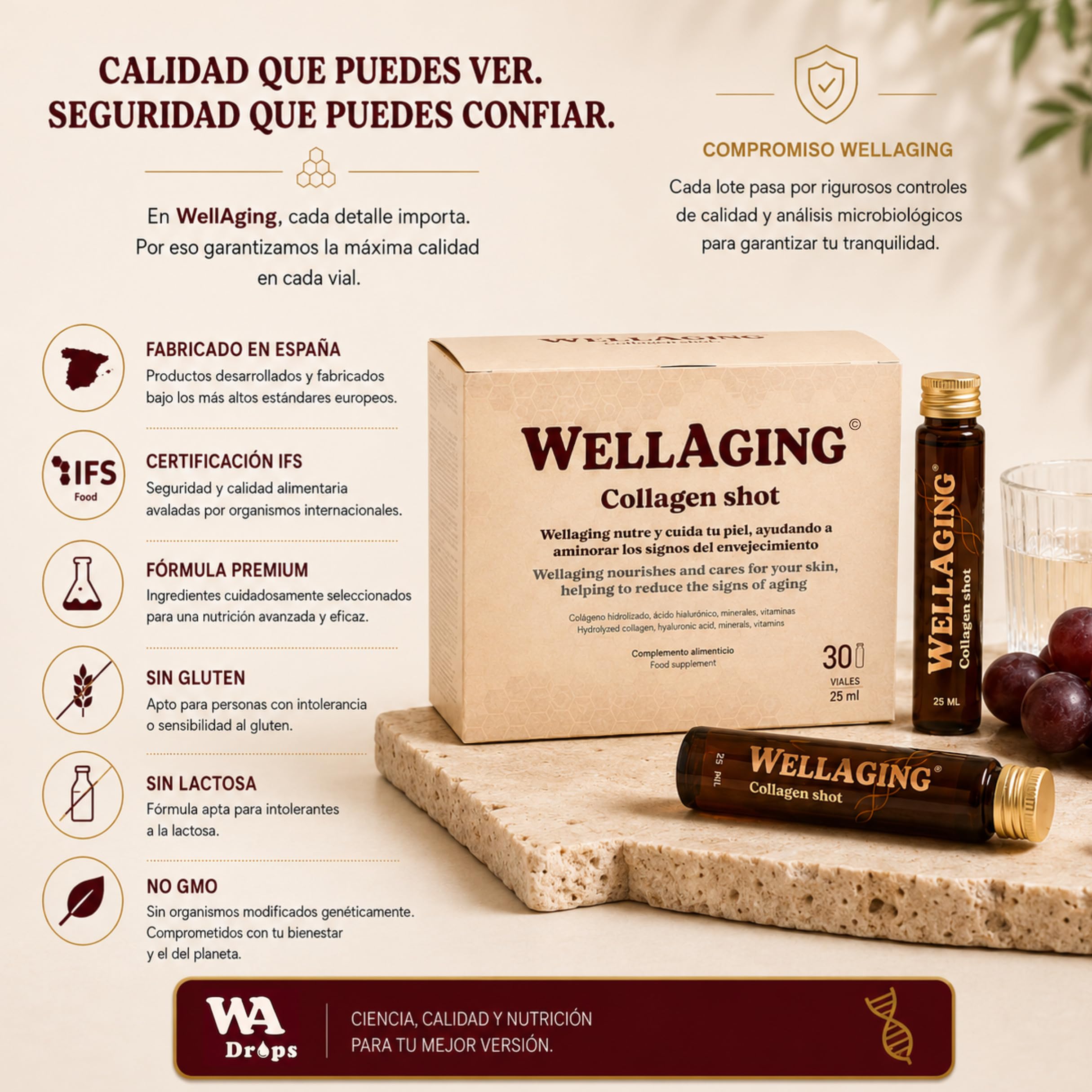 WellAging 30 Viales Colágeno Bovino Hidrolizado Tipo 1 5000 mg con Ácido Hialurónico, Vitamina C, Zinc y Biotina · Colageno Bebible Liquido · Piel, Cabello, Uñas y Articulaciones · Fabricado en España