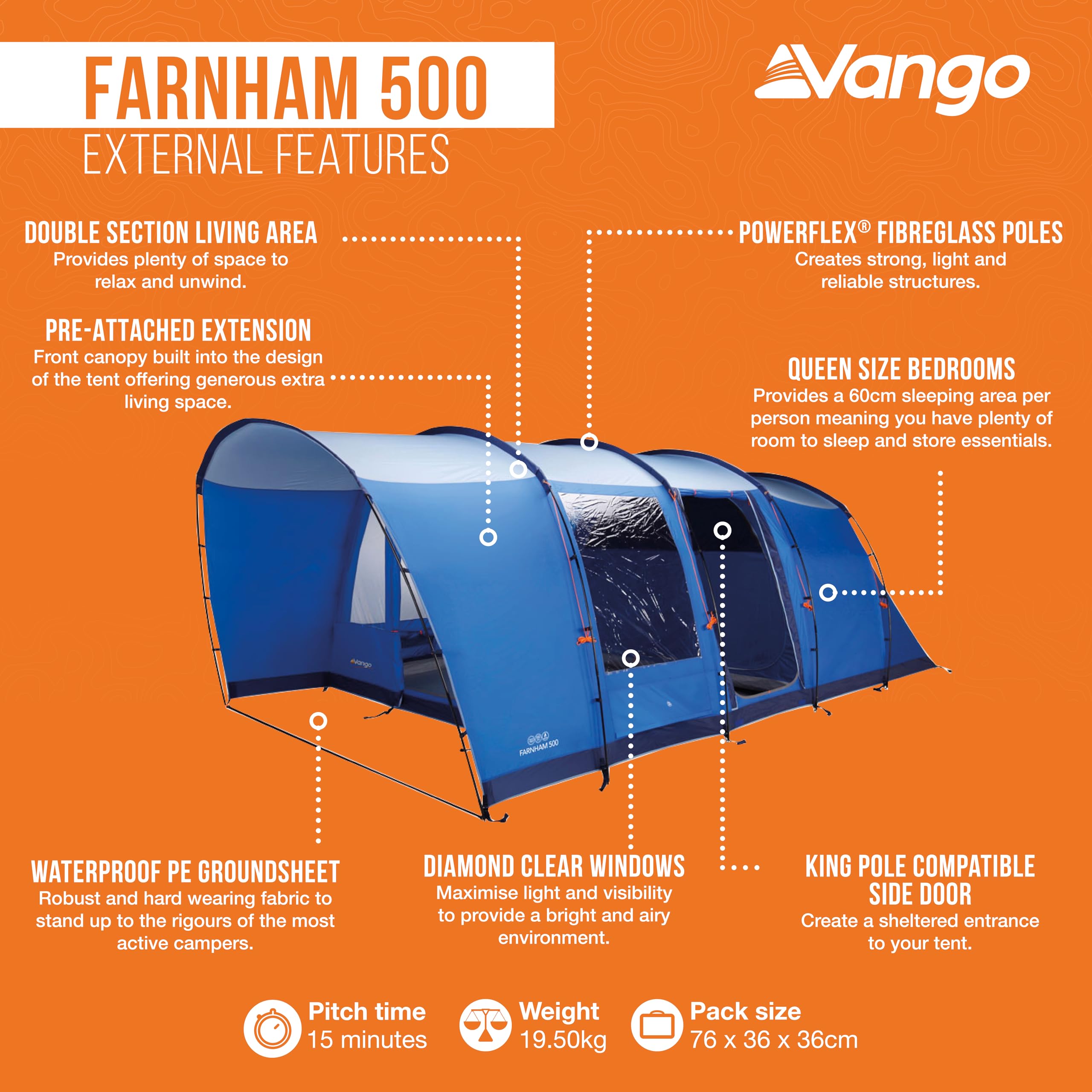 Vango Farnham 500 namiot tunelowy, ekskluzywny dla 5 osób, rodzinny namiot kempingowy z dołączoną werandą słoneczną i wszytą podkładką dla 5 osób, niebieski