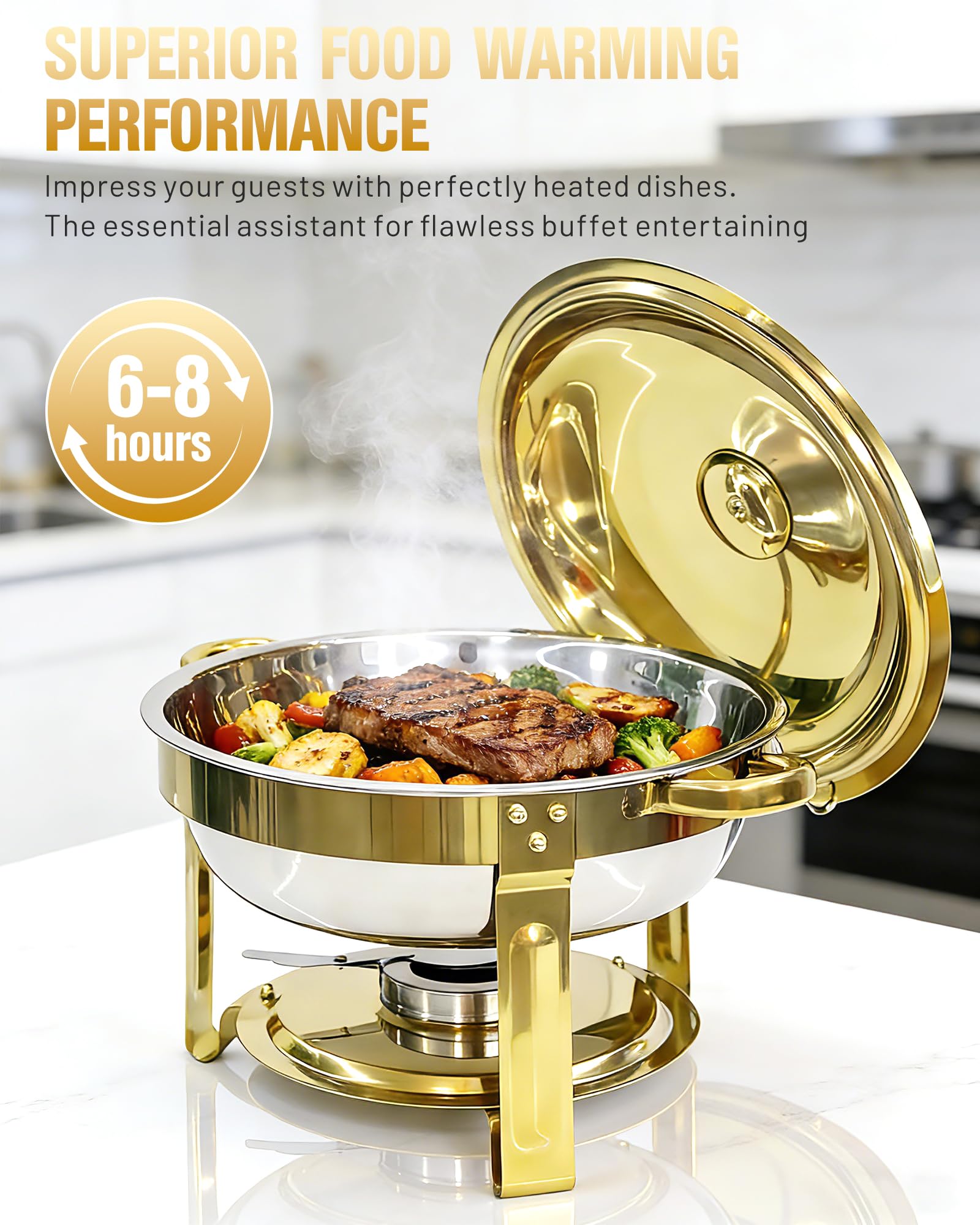 Chauffe Plat Buffet Rond 2PCs 6L, Buffet Chauffant Rond en INOX | Chafing Dish Buffet Professionnel à Bain-marie, Pour Restaurant, Hôtel, Mariage, Party, Doré et Argenté