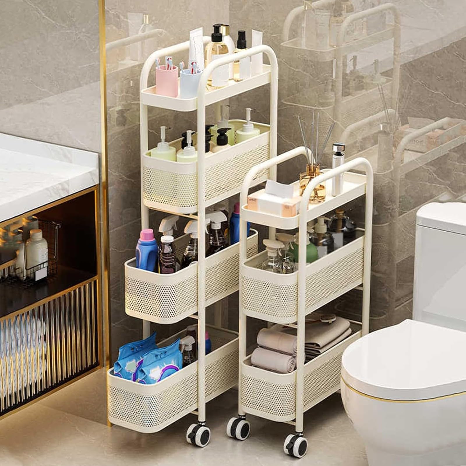 Wózek kuchenny Slim Rolling Storage Cart – 4-poziomowy wózek kuchenny z wysuwanym koszem, wszechstronny wózek narzędziowy do łazienki, pralni i kuchni – biały