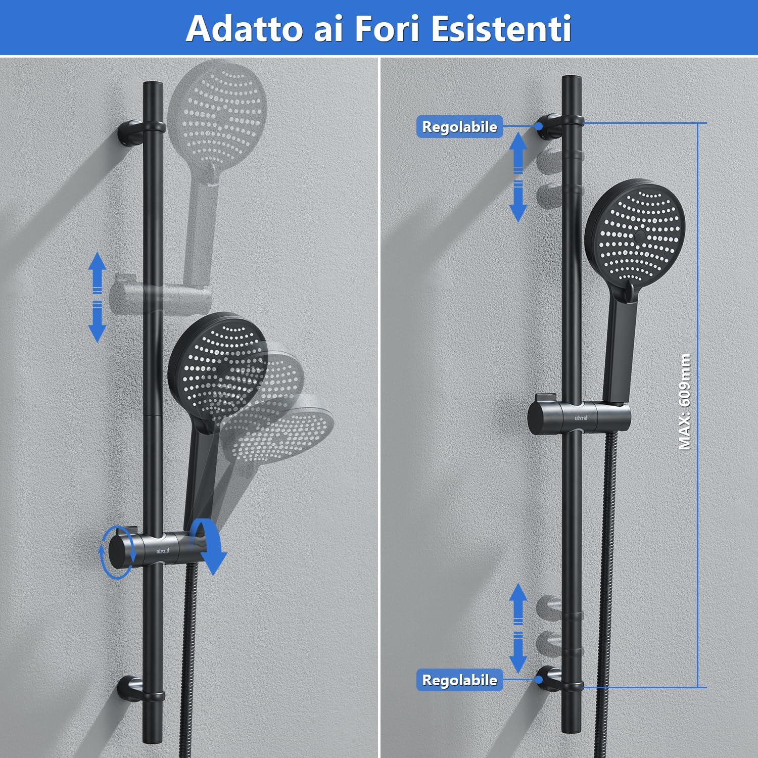 Asta Doccia,70 cm Nero Set Colonne Doccia Senza Miscelatore, Set Colonna Doccia con Flessibile e Supporto, Doccetta 3 Modalità di Getto, Saliscendi Doccia con Distanza di Montaggio Regolabile