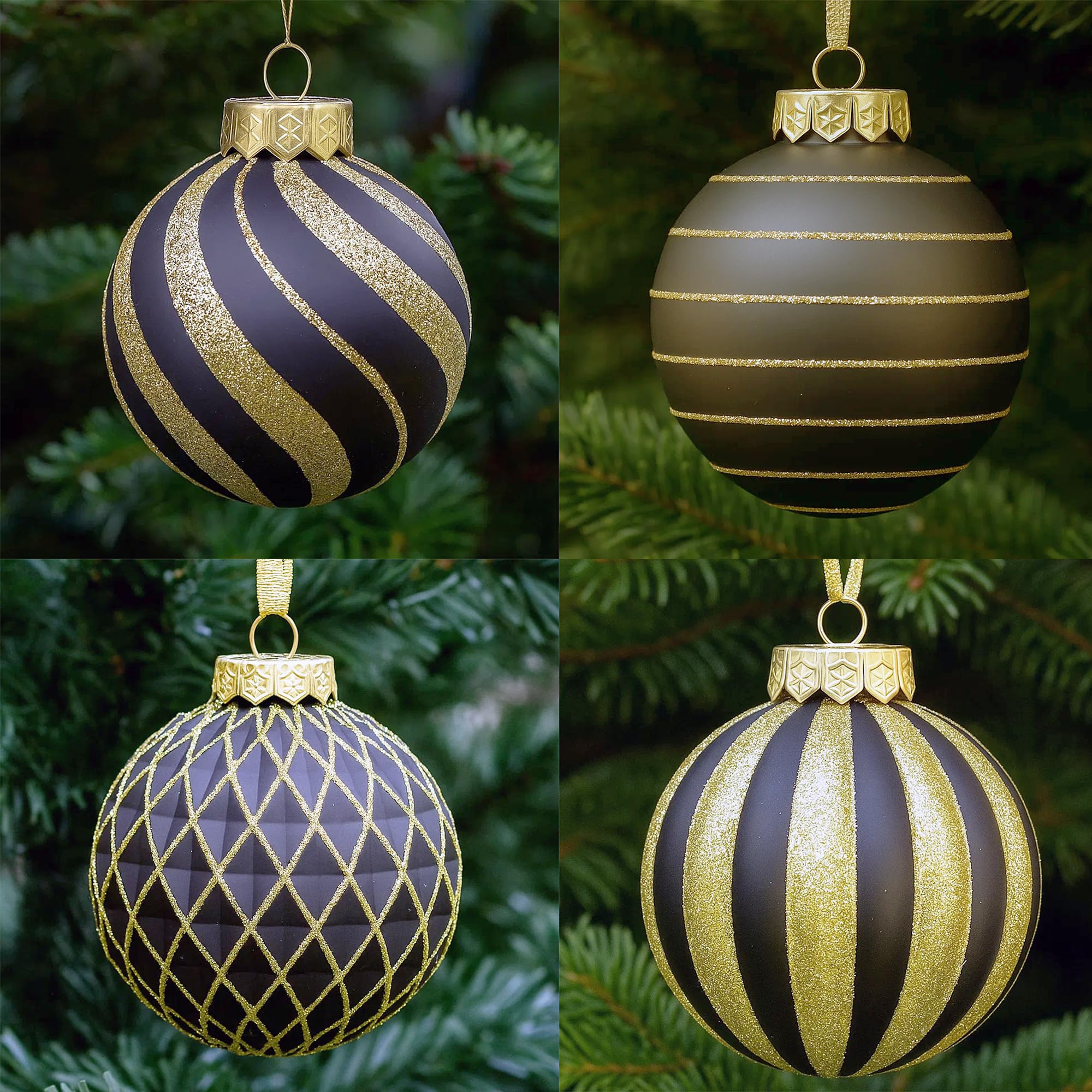 28pk Black Gold Christmas Baubles for Tree Decorations - Holiday Xmas Shatterproof Plastic Ball Ornaments, Icicles and Snowflakes Set