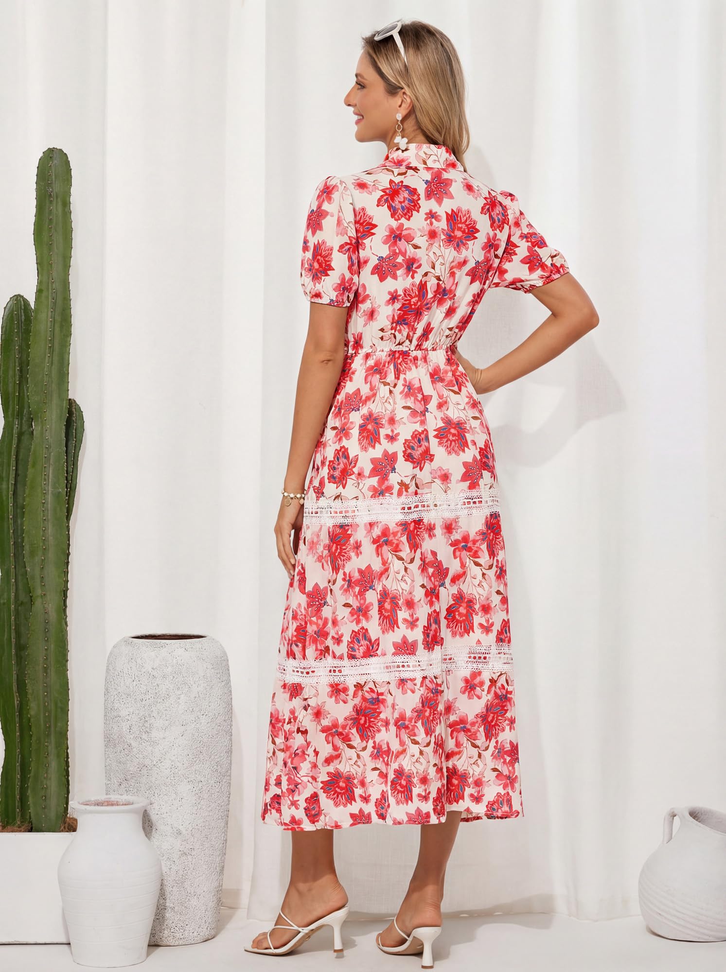 GRACE KARIN Damen Sommer Kurzarm Blumenkleid Polokragen A-Linie Kleider Boho Urlaub Maxi Blusenkleid mit Tasche