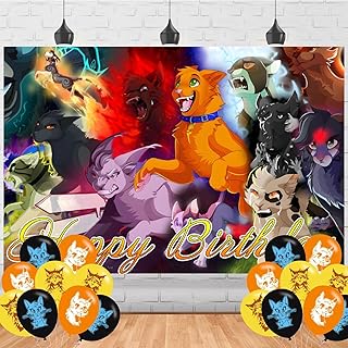 Warriors Cats Birthday Party Backdrop 5x3, Orange, Black, White, Fantasy Cat Theme, Indoor Use, 18pcs Balloons, Wall Mount, Rectangular Banner