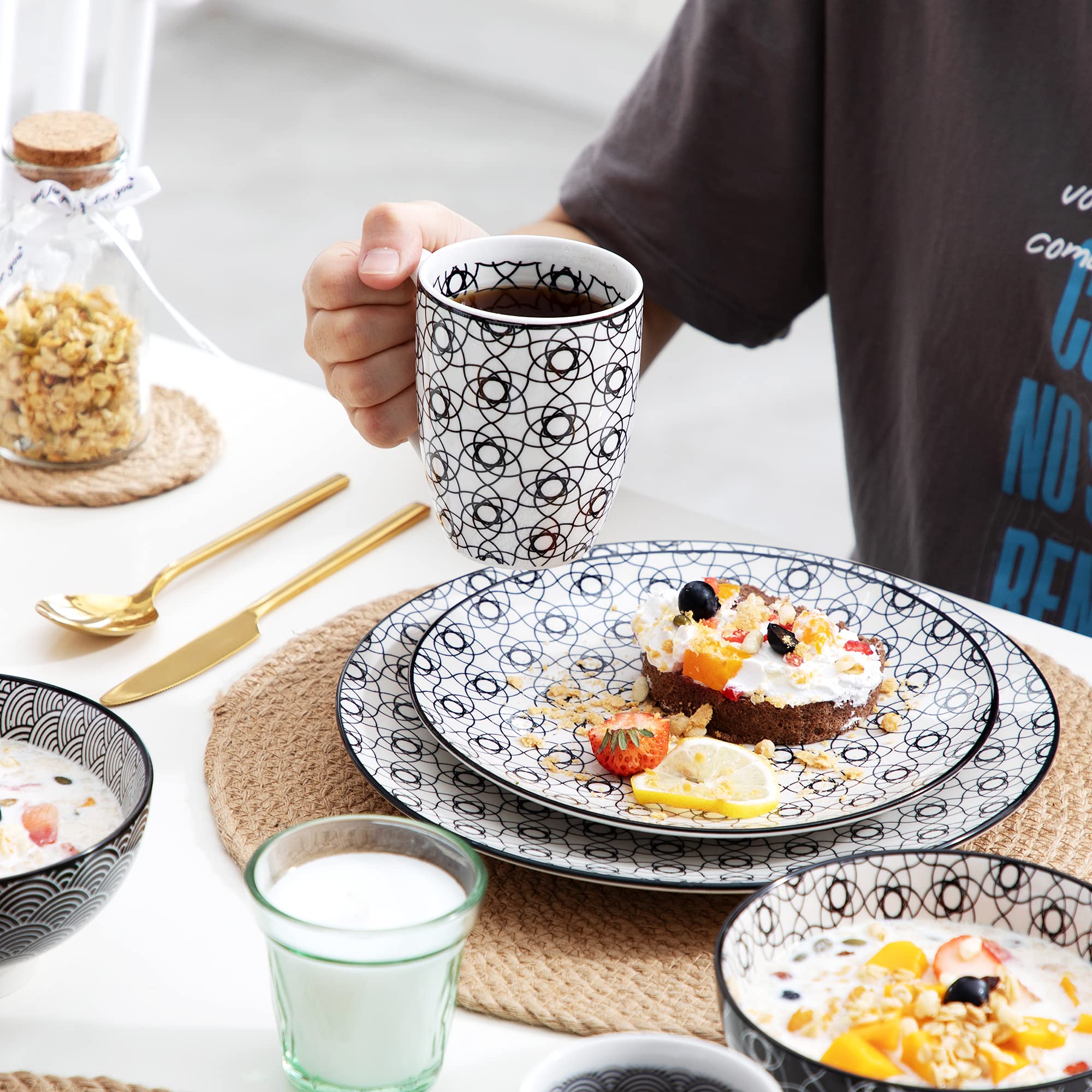 vancasso Haruka Servizi di Piatti 40 pezzi Stile Giapponese in Premium Porcellana con Piatti Piani Piatti Fondi Tazze da Tè Mug Scodella Ciotole per Cereali Piatti Frutta