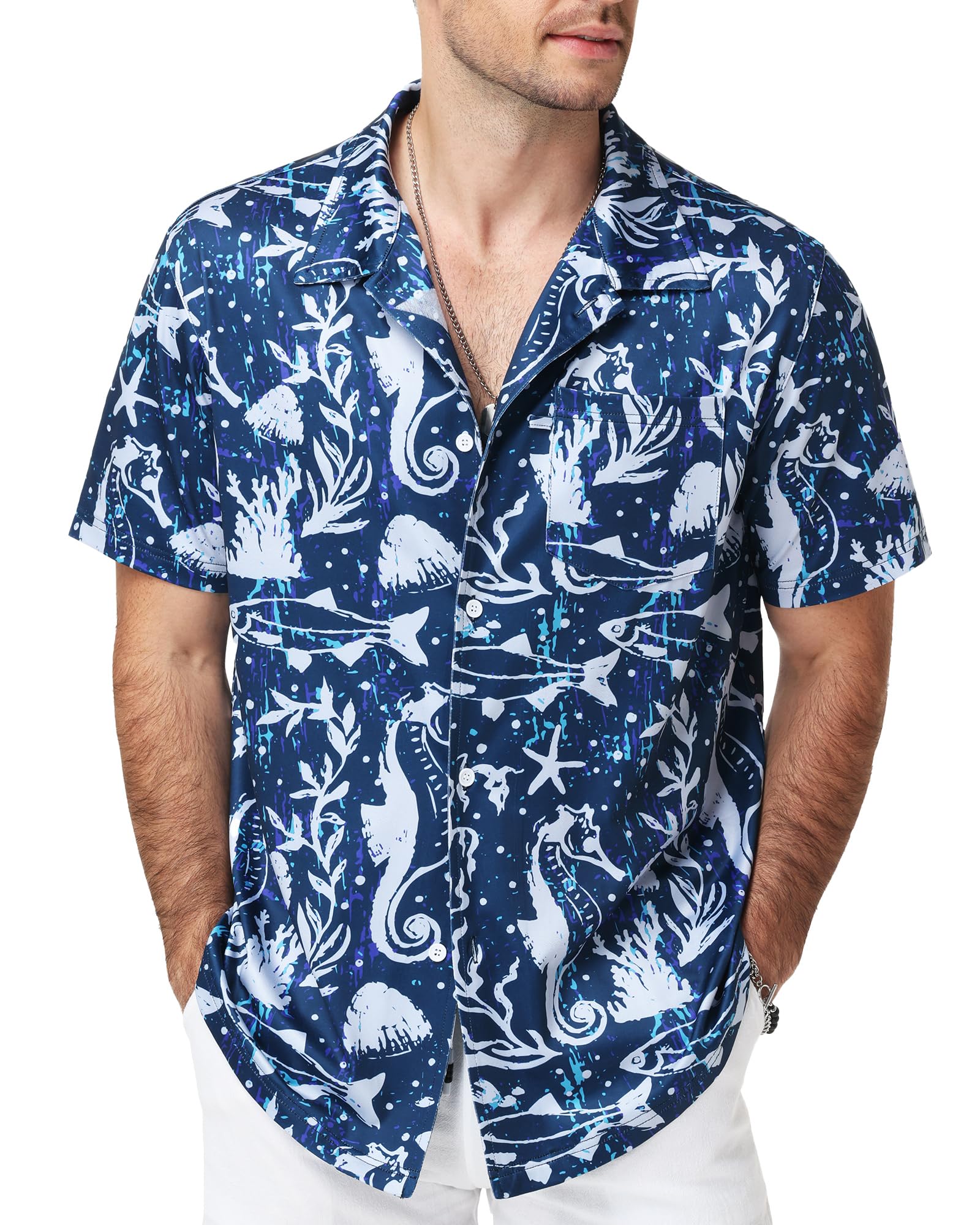 Runhit Hawaii Hemd Männer, Leichtes Sommerhemd Kurzarm mit Brusttasche und Tropischem Print, Atmungsaktiv Strandhemd für Strand Urlaub Alltag