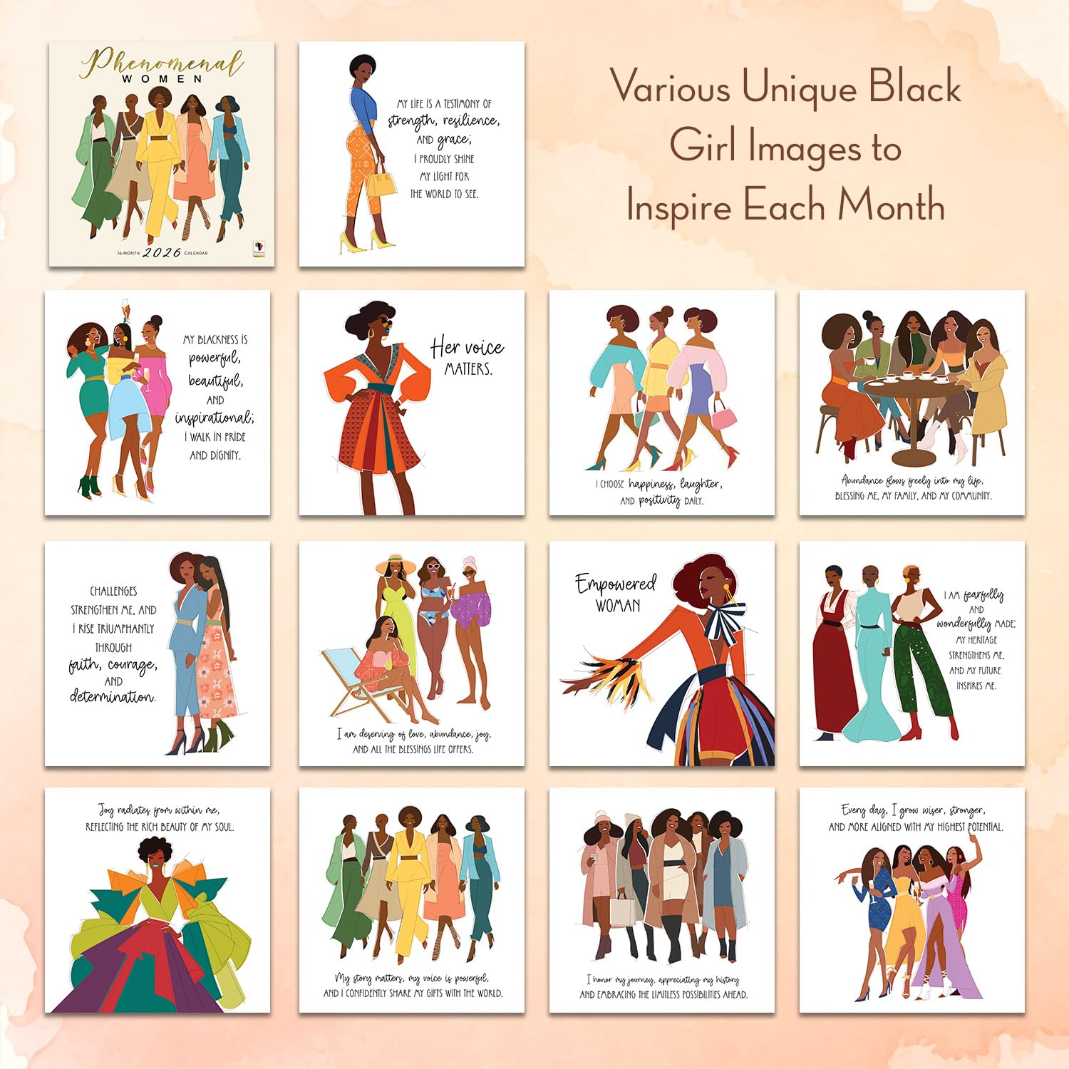 African American Expressions Calendarios de pared 2026 – Calendarios mensuales que celebran la cultura negra y la historia – Calendario colgante de 12 x 12 pulgadas – 16 meses (mujeres fenomenales)
