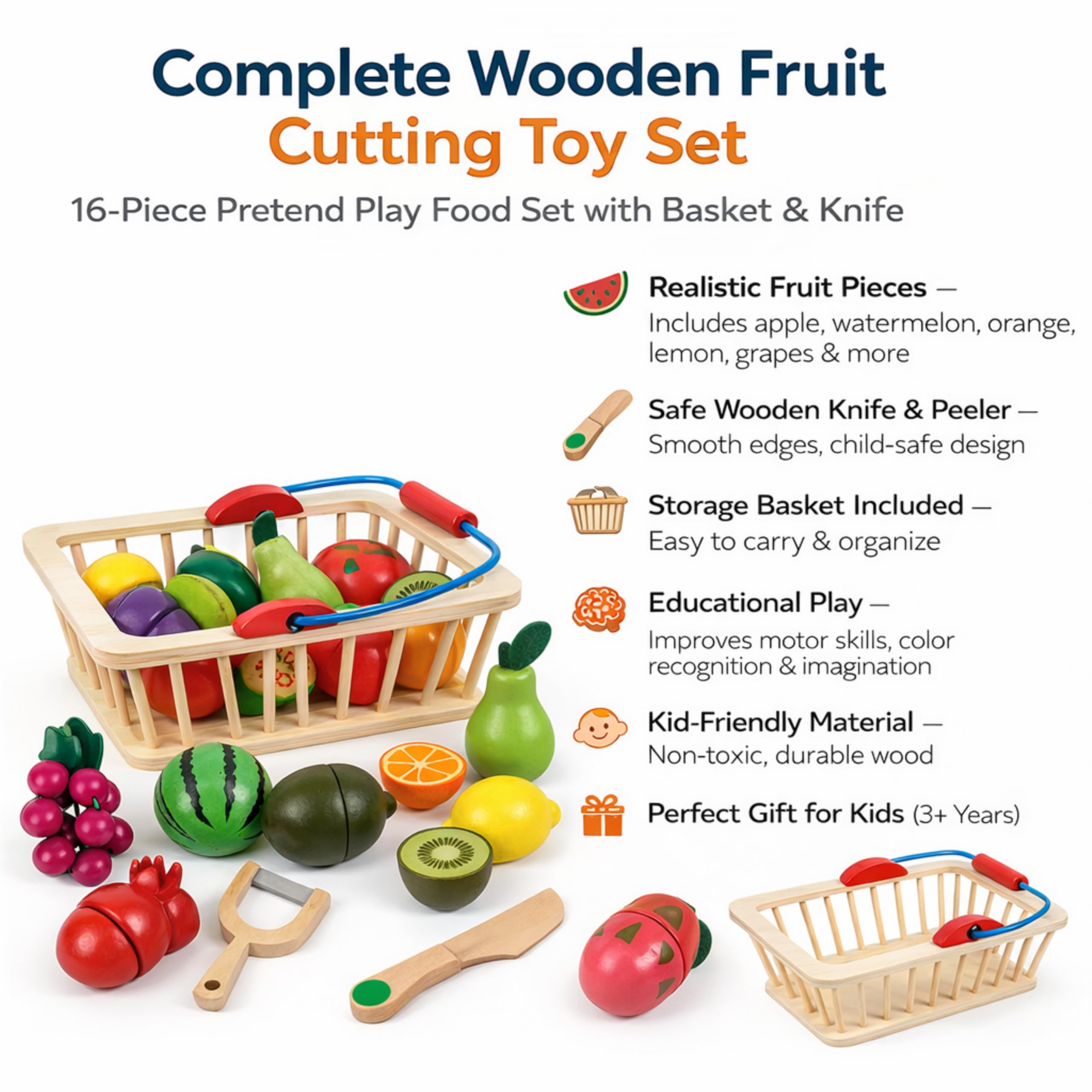RITHVI STORE Wooden Fruits Cutting Toys for Kids, Pretend Play Toy Set for Boys and Girls, Wooden Food Basket with Knife & Peeler, Educational Montessori Toy Gift for 3+ Years 3