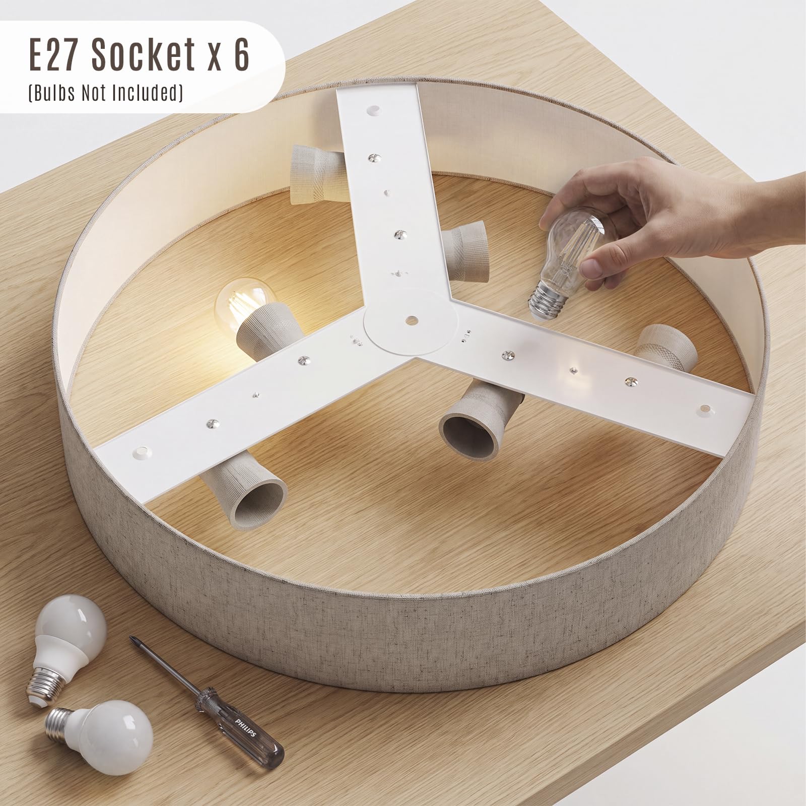 LQWELL Lampada da Soffitto in Tessuto, Plafoniera Rotonda con Paralume in Lino, Attacco E27 x 6, max.40W, Ø50cm x H10cm, Colore naturale, per Soggiorno, Camera da Letto, Sala da Pranzo, Ufficio