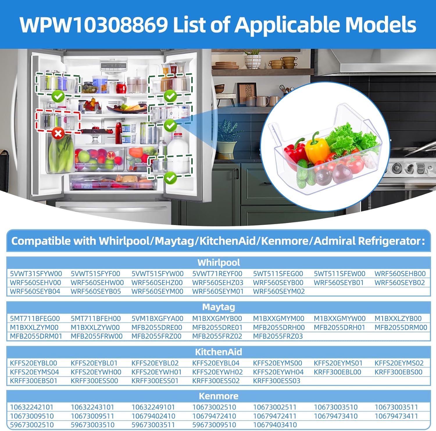 WPW10308869 W10308869 Refrigerator Door Shelf Bin Compatible with Whirlpool Maytag KitchenAid Kenmore French Door Refrigerator Parts Bin, Replacement 1937673 W10331764 W11227366 AP6019213 PS3494589