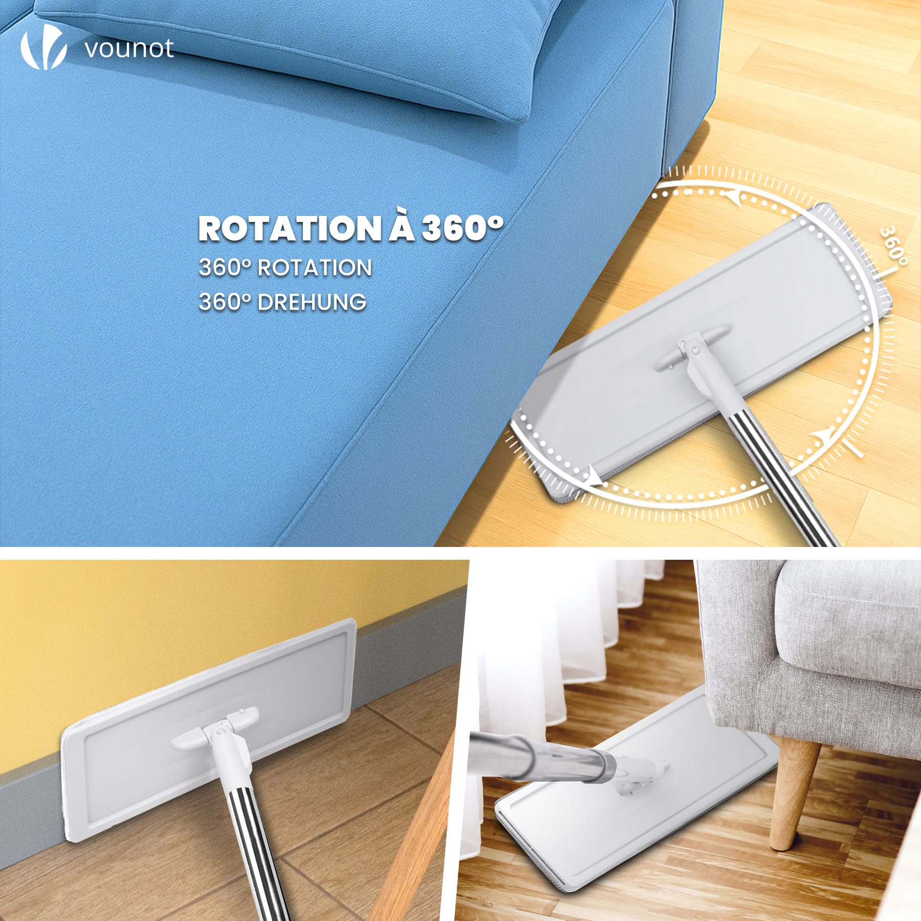 VOUNOT® Juego de Fregona y Cubo Escurridor 2 Compartimentos, Mopa Plana Microfibra con 6 Almohadillas Reutilizables, Trapeador Giratorio 360° Limpieza Suelos Madera, Laminado, Baldosas y Mármol Blanco