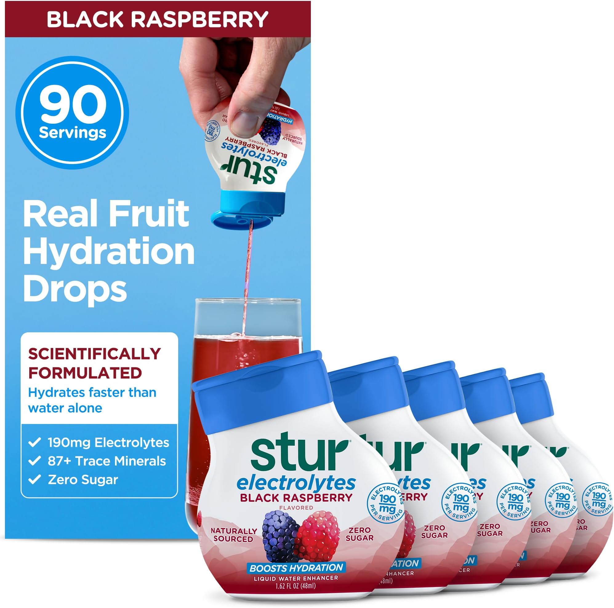 Stur Electrolyte Water Enhancer | Sweetened with Stevia | High in Antioxidant Vitamin C | Sugar Free | Zero Calories | Keto | Vegan | 5 Bottles, Makes 90 Drinks (Black Raspberry)