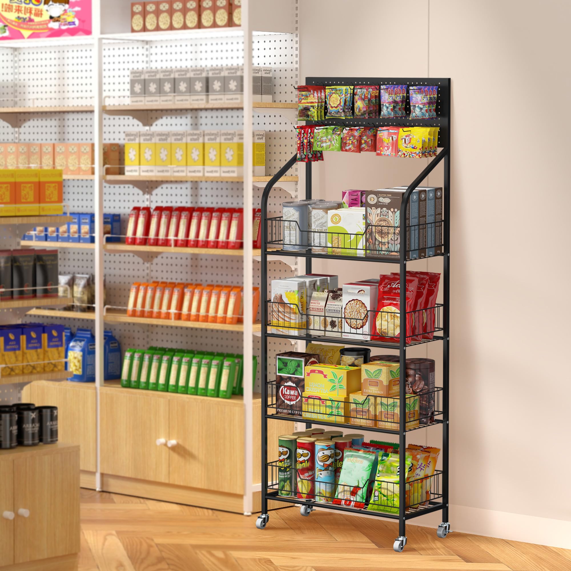 Nisorpa 4 Tier Retail Display Racks, Metal Supermarket Snack Display Racks Cart with Wheels Snack Chips Display Rack Stand for Convenience Stores Home