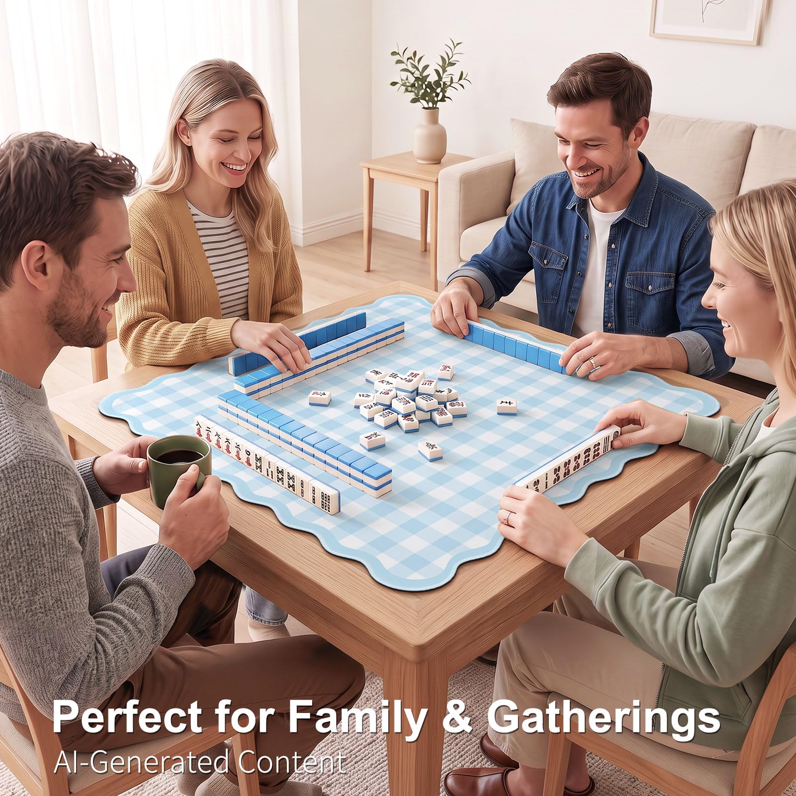 Tapis de mahjong festonné vichy 80 cm, antidérapant et antibruit pour table, tapis de jeu portable avec sac de transport pour mahjong américain, poker et dominos, bleu clair à carreaux