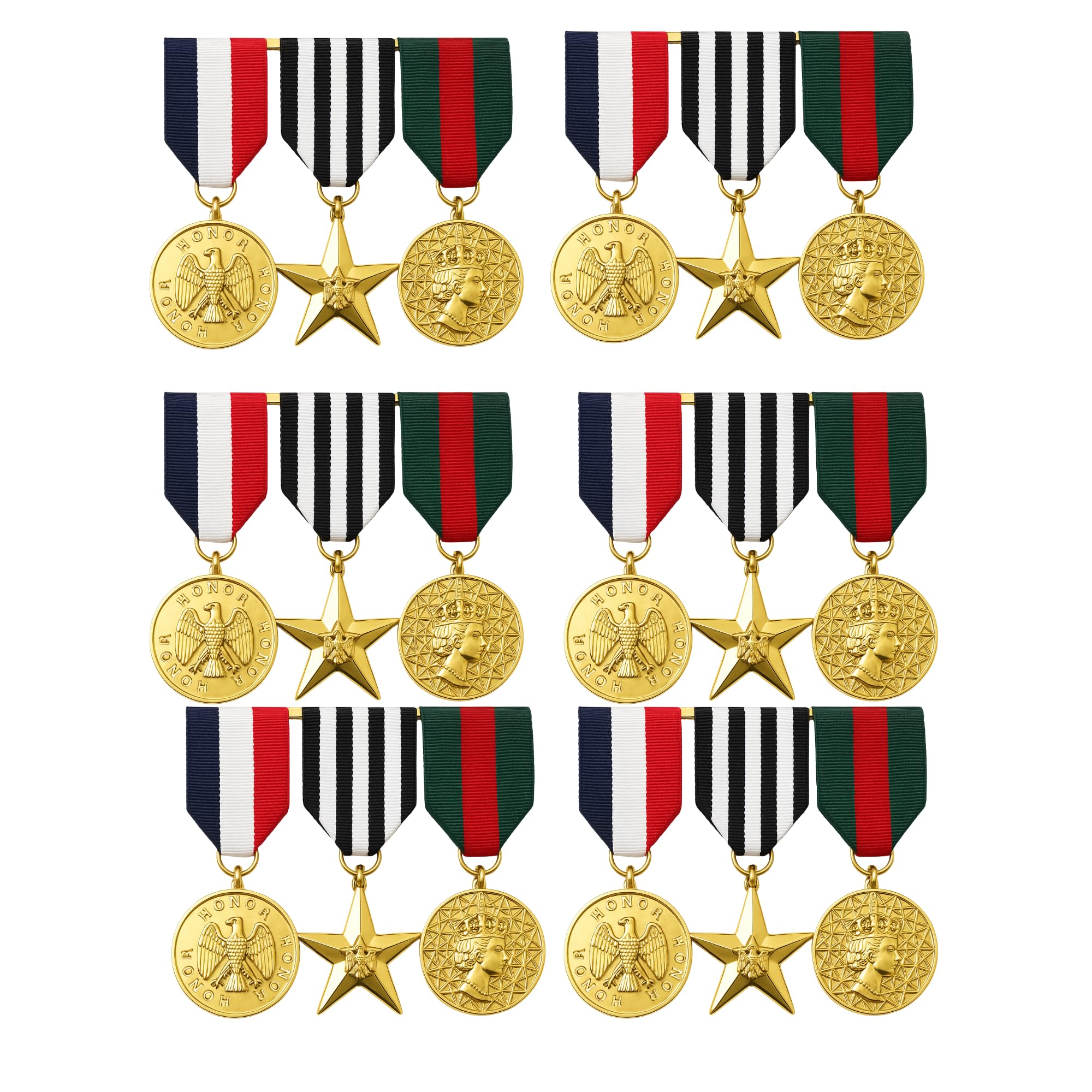 FUN FABLES Military Hero Medals Set โ 3 Assorted Designs | Military Costume Accessories for Adults | Army Soldier Dress-Up Pins for Halloween, Roleplay, Fancy Dress & Themed Parties (6)
