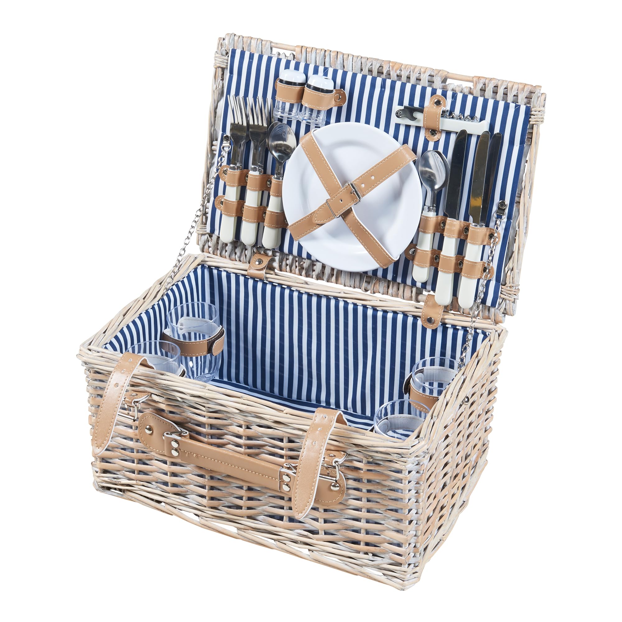 casa.pro Juego de Cesta de Pícnic para 4 Personas con Platos Cubiertos Espacio Amplio para Comida Refrescos Forro a Rayas Correas de Polipiel Mimbre 42 x 28 x 20 cm - Blanco/Azul