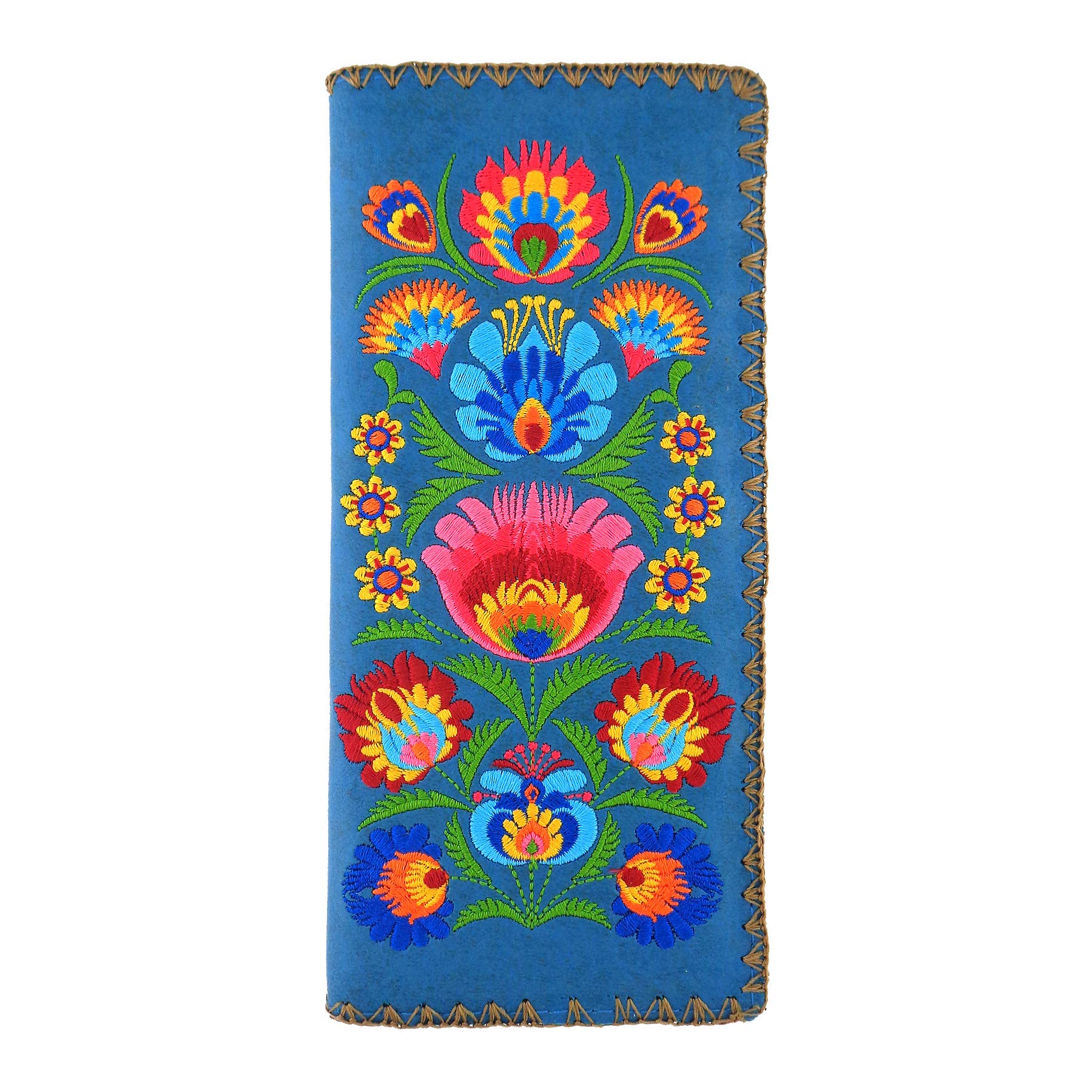 lavishyBohemiand Style Flora Pattern Embroidered Vegan Large Flat Wallet- (Blue)