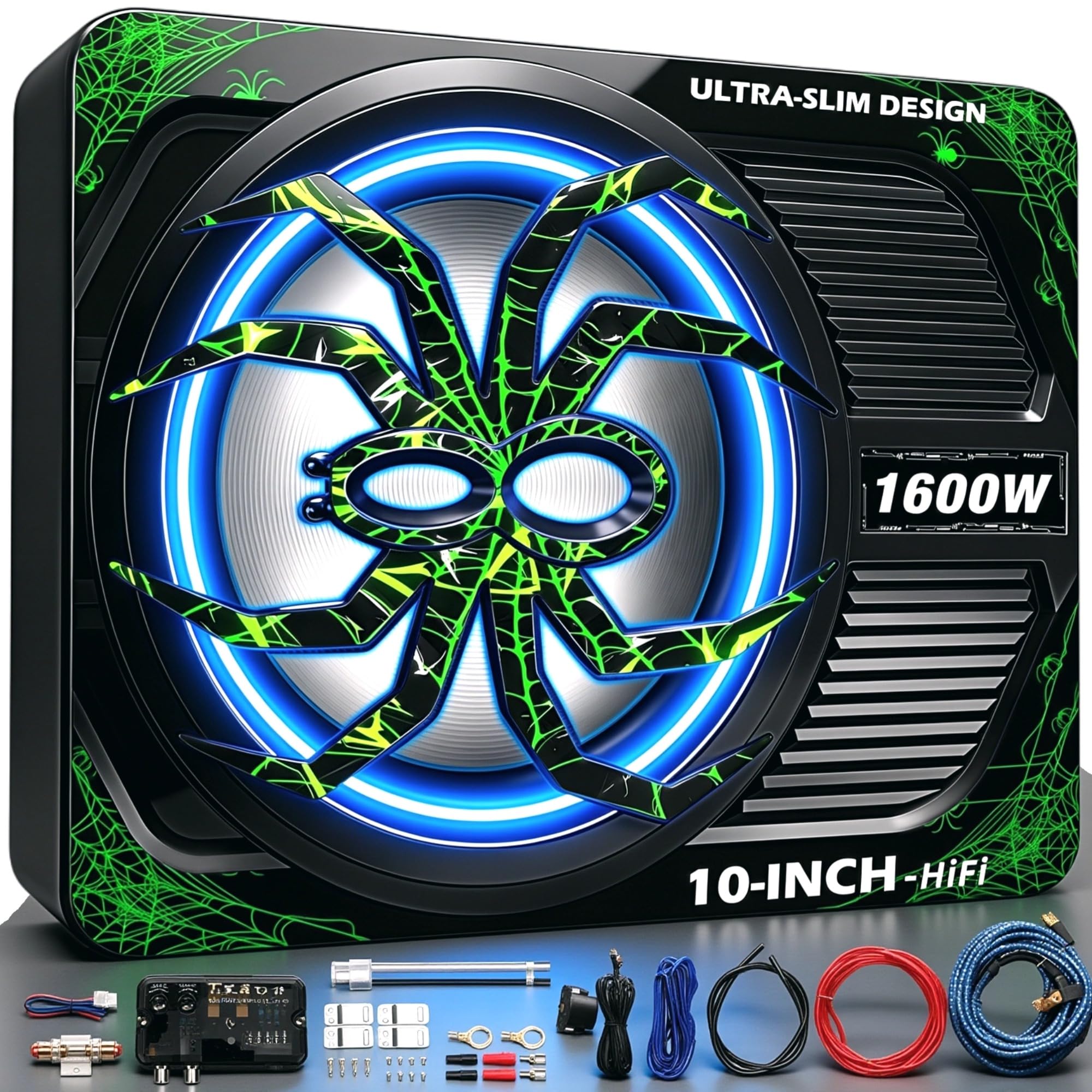 Upgraded 1600W Car Subwoofer, 10" Ultra-Thin Under-Seat Sub with Built-in Amplifier, (LPF/Gain/Bass Boost) LED Ambient Lights, Independent Bass Knob, Distortion-Free Deep Bass（Green）