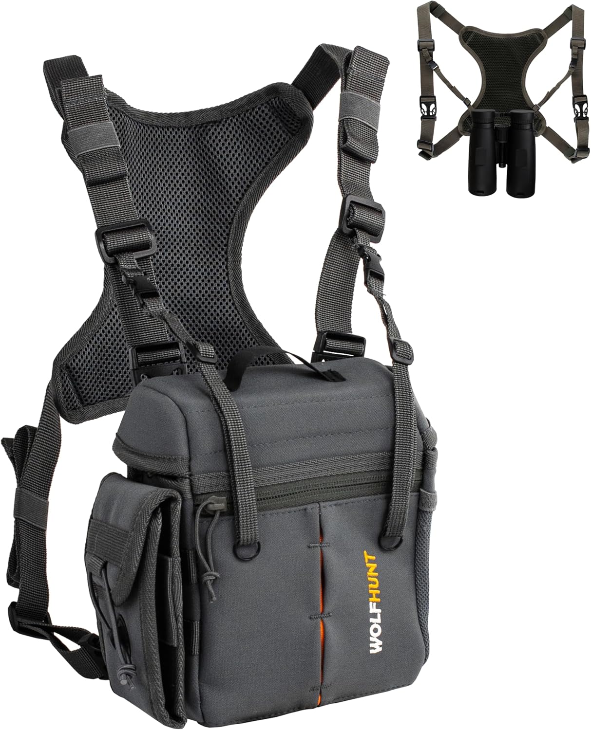 Harnais Jumelles Chasse WOLFHUNT – Étui Poitrine Bino Avec Pochette Télémètre, Fermeture Magnétique Silencieuse, Sangles Réglables