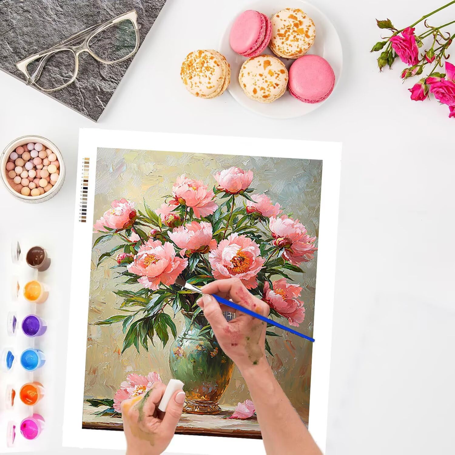WEISHIWE Malen nach Zahlen Erwachsene Pfingstrose in Vase, 70x90cm x-454 | Malen nach Zahlen Erwachsene Leinwand Kit, DIY Handgemalt Ölgemälde Set mit 3-Pinseln und Acrylfarbe für Wanddeko,Ohne Rahmen