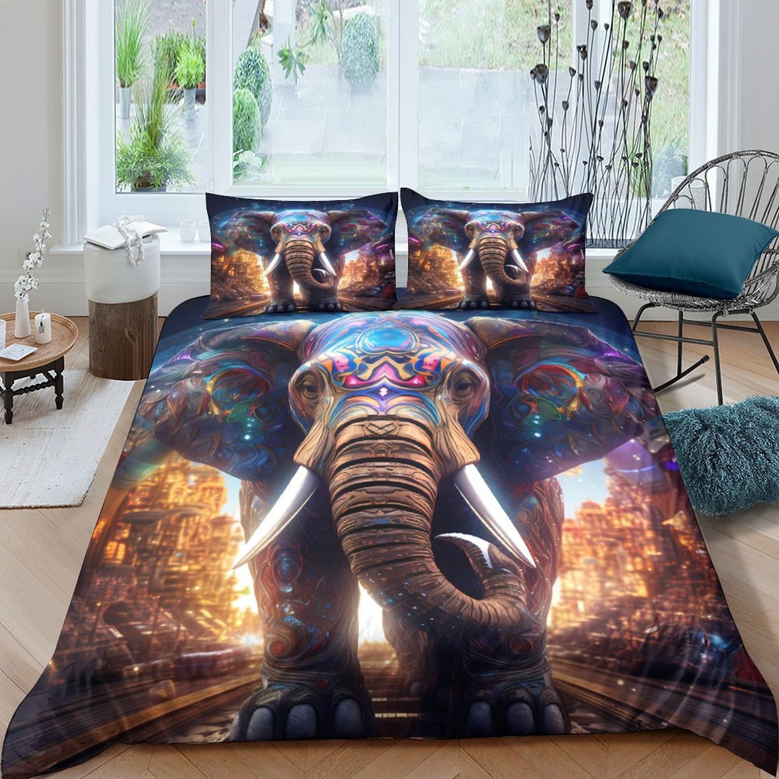 Ctjqhvkz Style-9 3D Printed Elephant Art Fitted Sheet Microfiber Bedroom Decor Sunset City Bed Cover Anti-Slip Machine Washable Single（135X200cm）