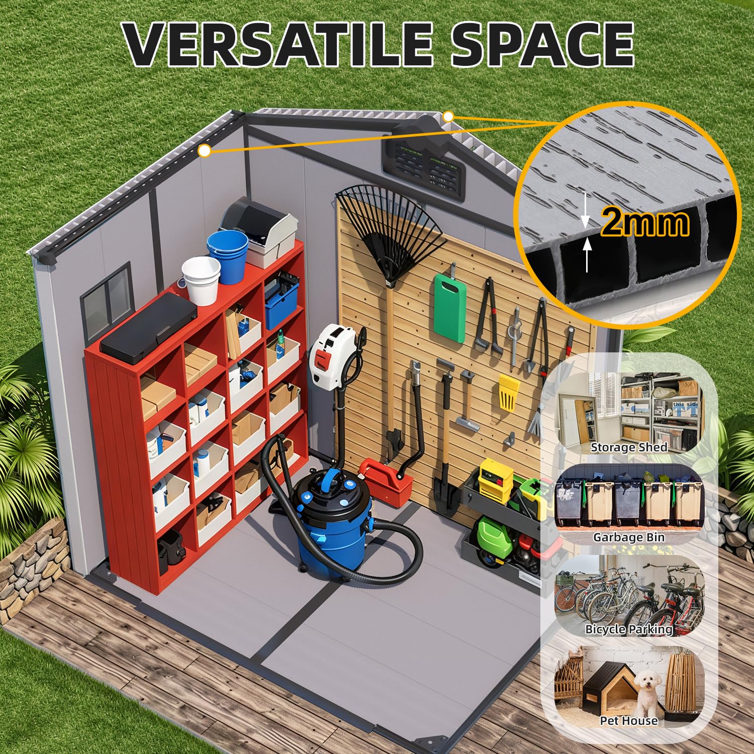 MELLCOM 6 x 4 FT Resin Outdoor Storage Shed with Floor, Outdoor Storage Tool Shed with Windows and Lockable Door, Resin Garden Shed for Bike, Garbage Can, Lawnmower - 4