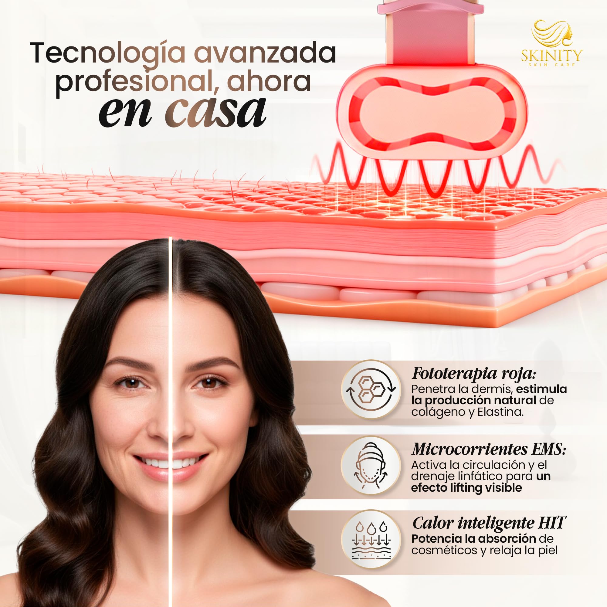 Masajeador Facial Reafirmante con Luz LED y Vibración Tensora | Cara Cuello y Mentón | 8 Posiciones | Calor Suave | Set + Antifaz Frío Calor Contorno Ojos y Mirada | Piel Sensible