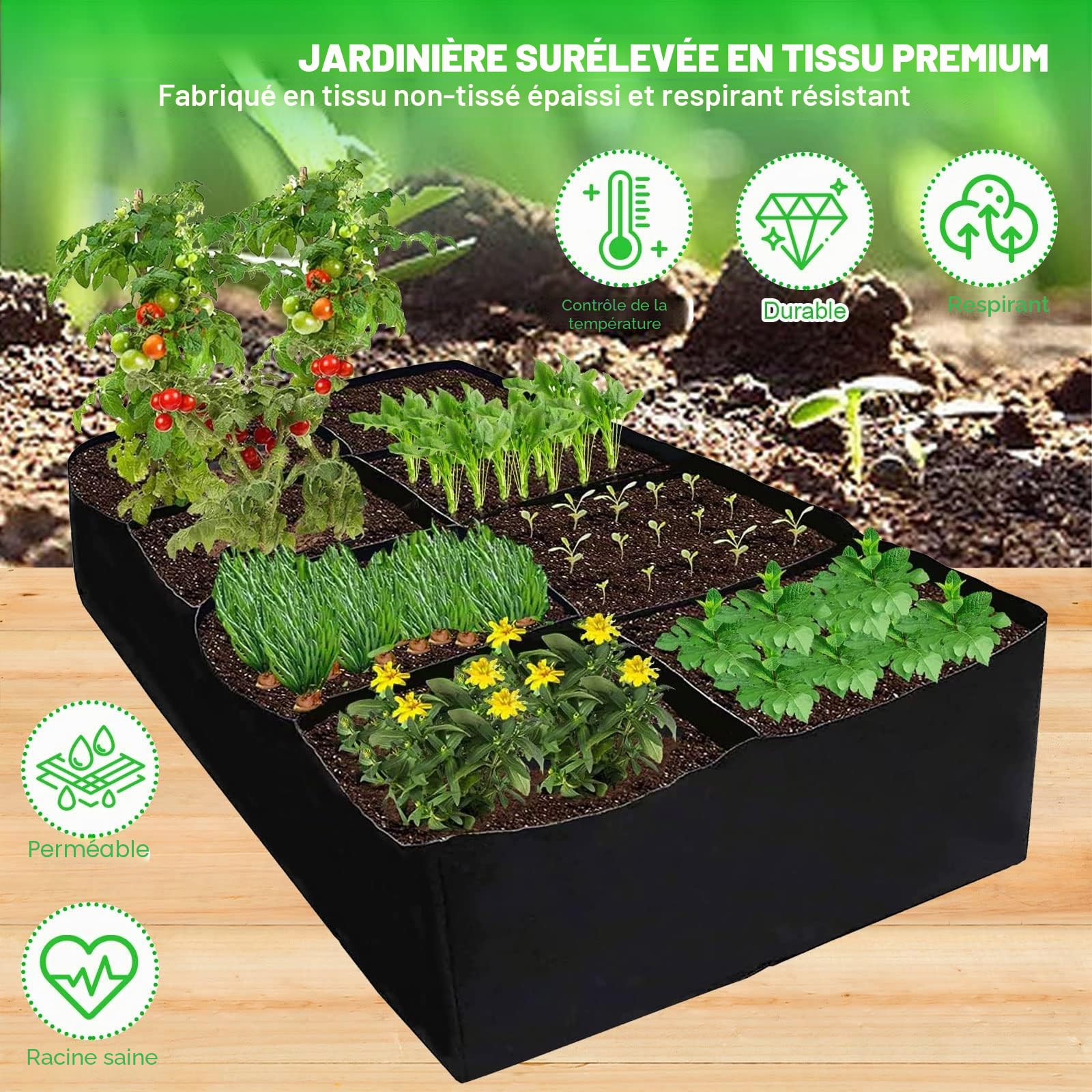 GAESHOW 2 Pièces Sacs Carré Contenant de Plantation, 8 Grilles Sacs de Plantation en Non Tissés 180 x 90 x 30 cm, Sac à Plantes, Sacs à Plantes pour Pommes de Terre Tomates Fraises Fleurs
