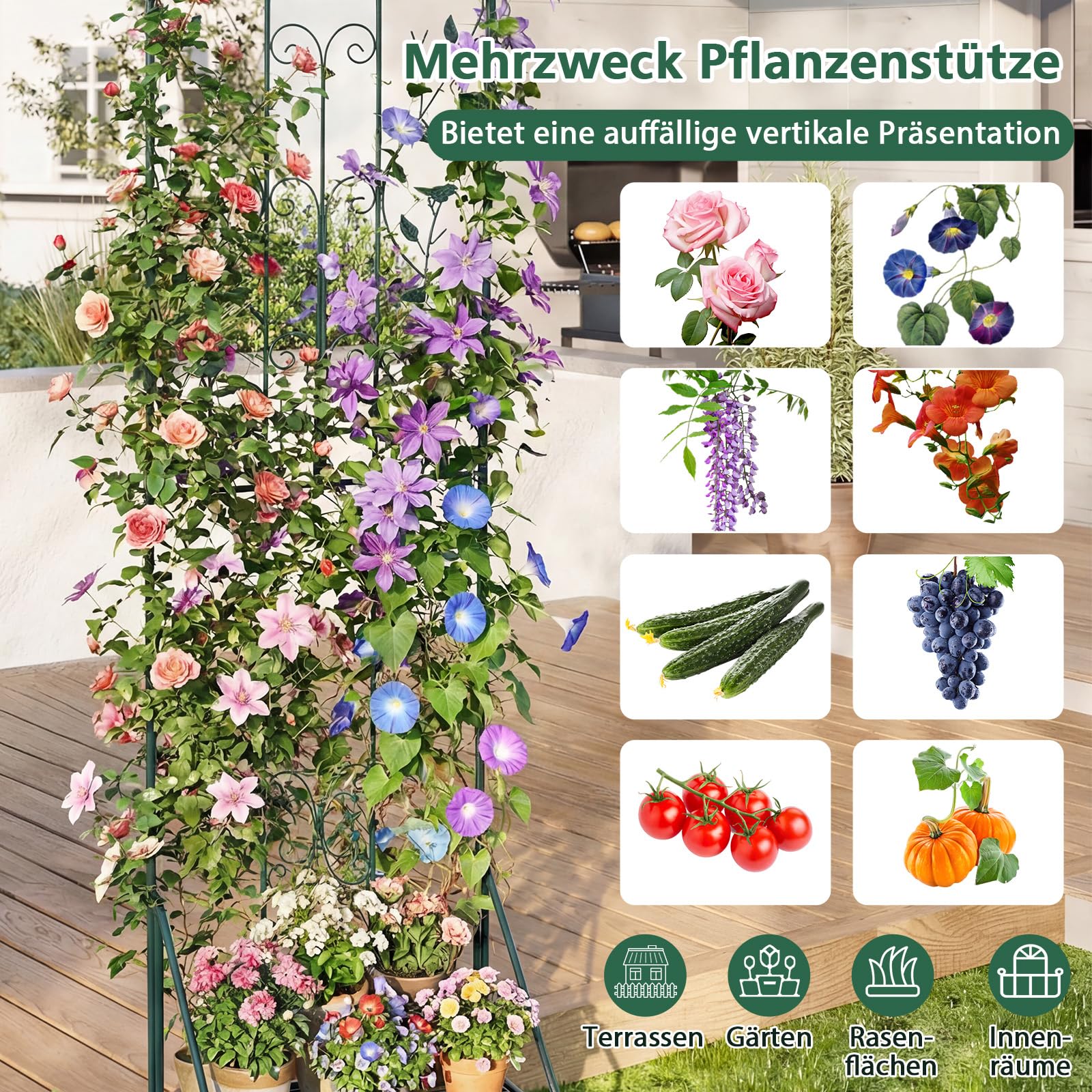 COSTWAY Rankgitter Metall, 3 in 1 dekorativer Gartenzaun & Blumenregal & Pflanzstütze, freistehende Rankhilfe mit Sockel, Spalier Garten, Rankspalier für Kletterpflanzen Blume Gemüse (Grün,1 Pack)