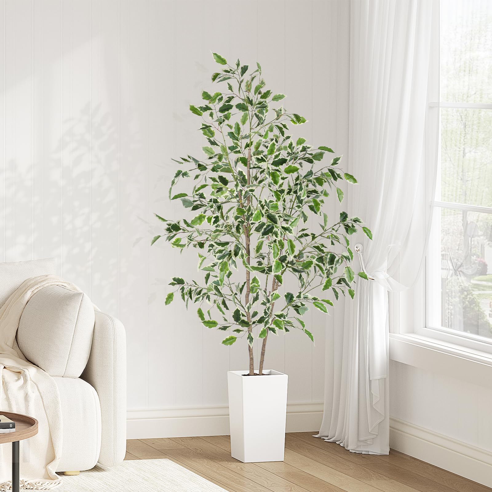 YOLEO Planta artificial Ficus Benjamini 160 cm con maceta blanca | Árbol artificial de ficus como real, higo de abedul para salón, oficina, jardín