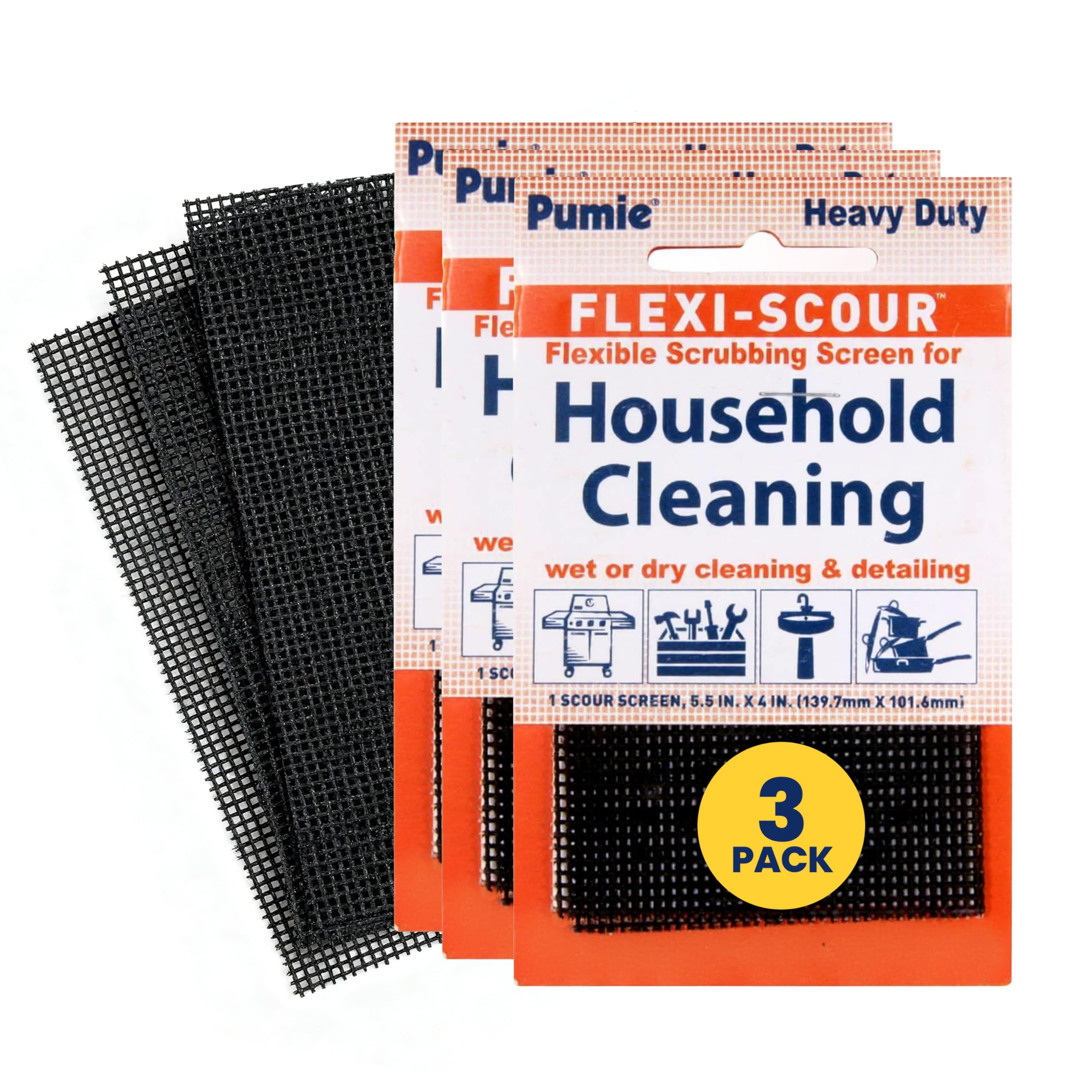 PUMIE Flexi Scour, 3-Pack 5.5 x 4 Flexible Scrubbing Screen for Household Cleaning, Flexible Scouring Pad Abrasive Grit Screen for Grills, Remove Stubborn Stain, Grime, Carbon, Rust, Scale -FLEX-12 C