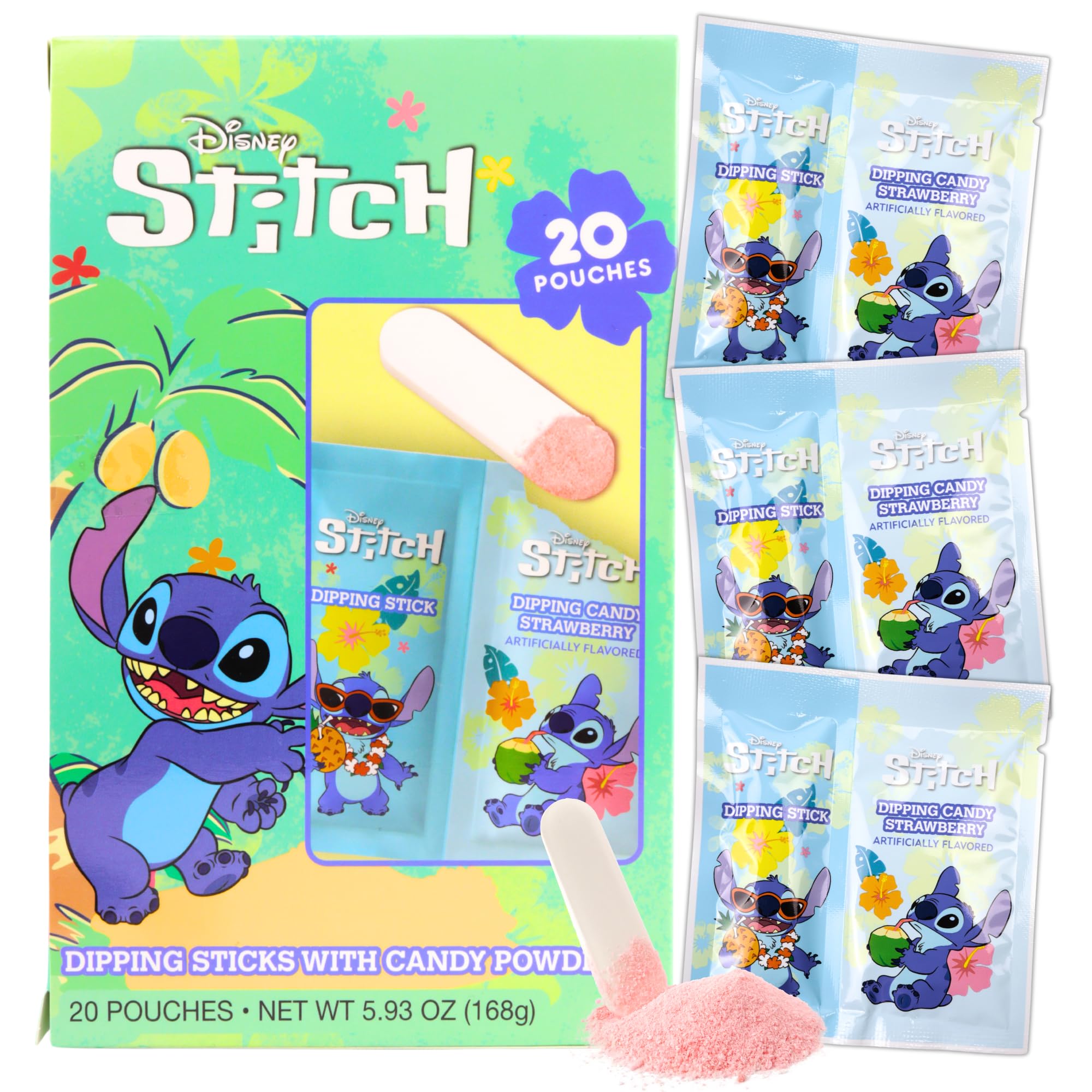 Disney Lilo and Stitch Dipping Sticks and Powder Candy, Strawberry Flavored, Birthday Party Treats, 20 Individual Pouches