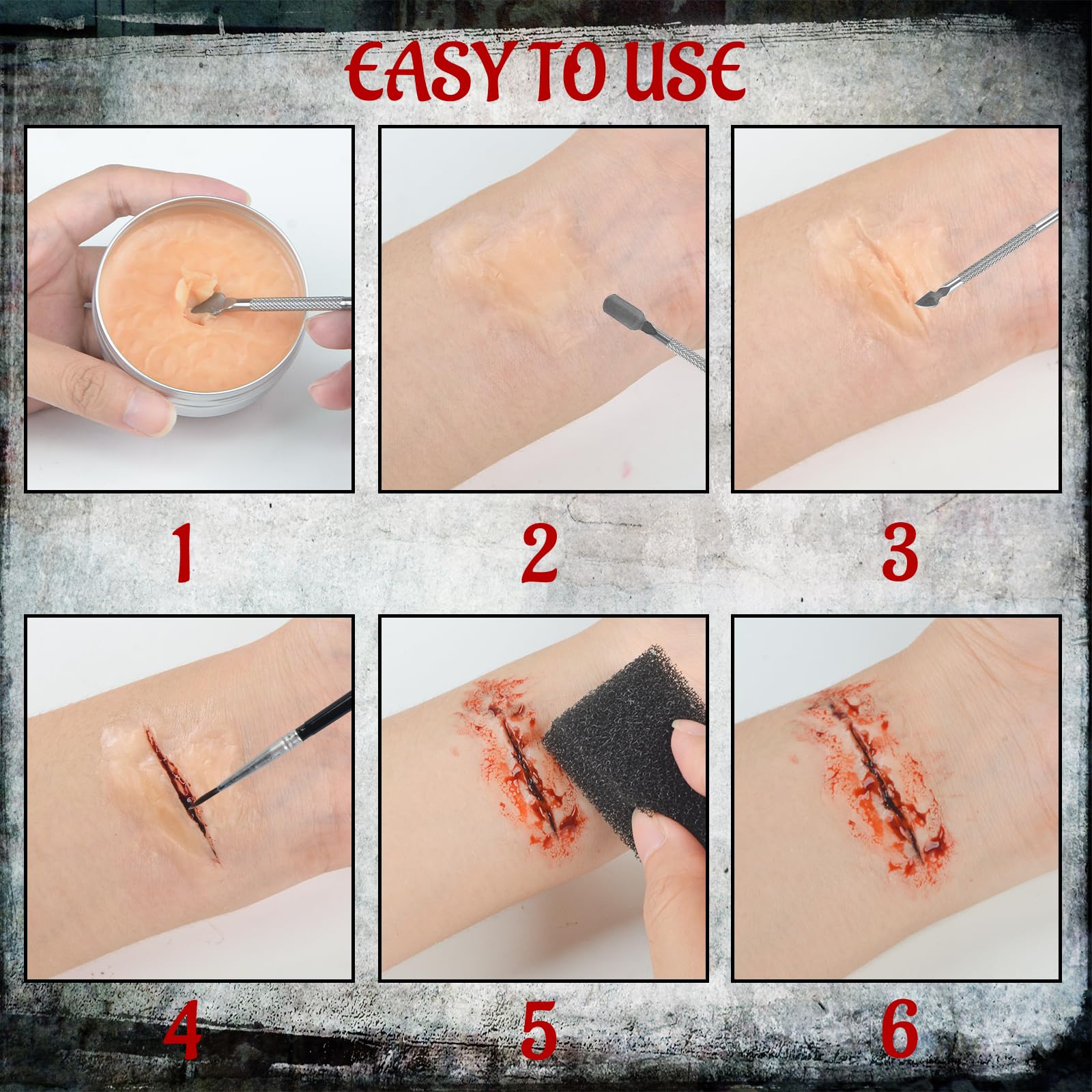 Kit de maquillaje SFX de 7 piezas de efectos especiales de Halloween, el kit de maquillaje SFX incluye 3 colores de payaso, pintura corporal y cara, cera de cicatriz, sangre falsa, espátula, cepillo 5