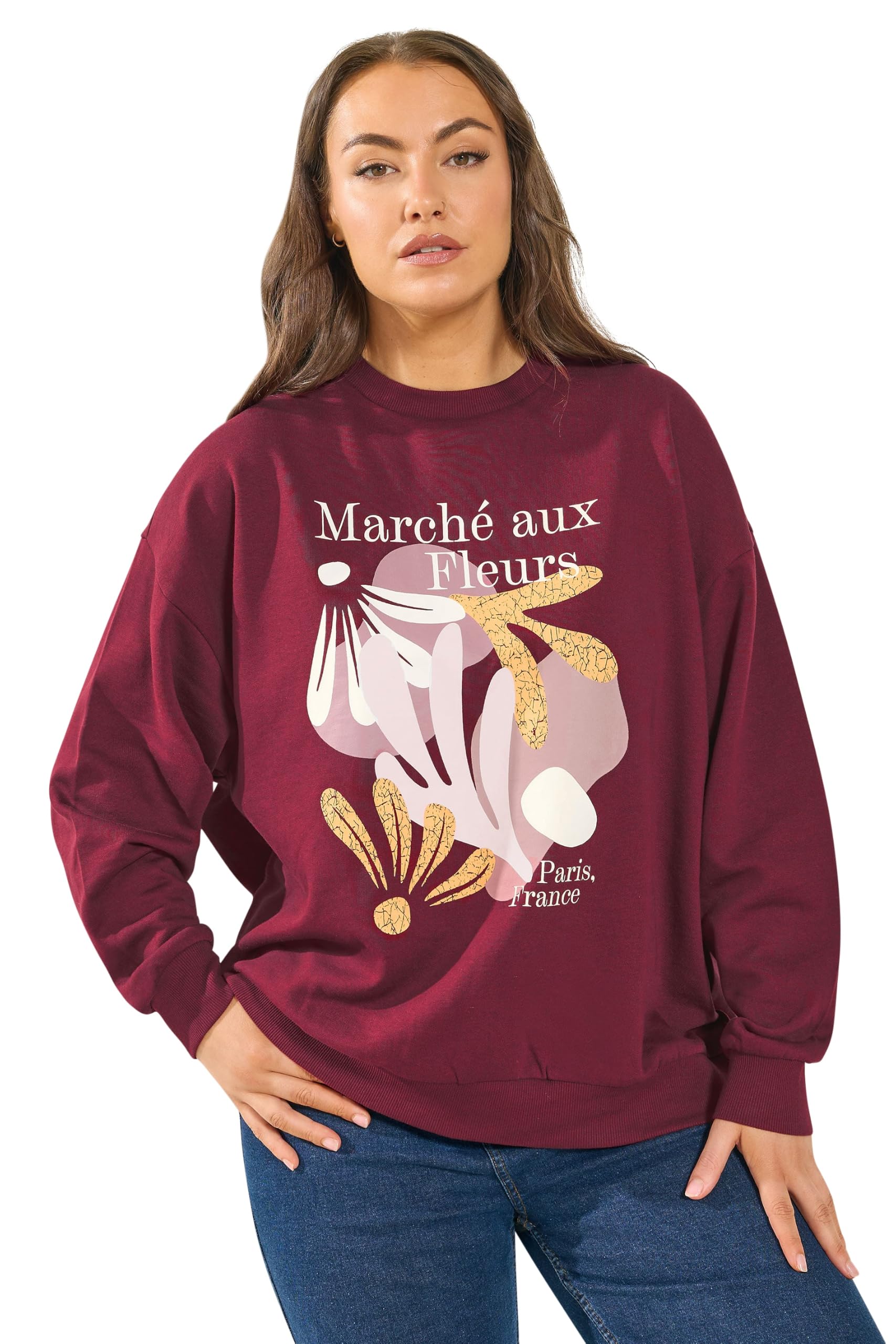 Yours Women's Burgundy Curve Red 'Marche Aux Fleurs' Slogan Sweatshirt - Plus Size Curve