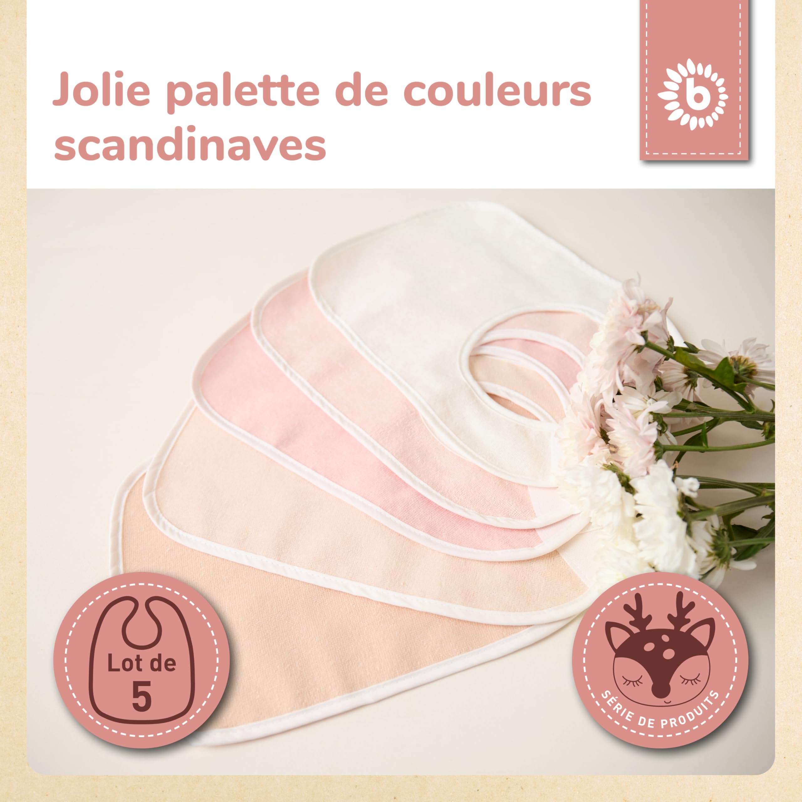 Bieco Ella Lot de 5 bavoirs imperméables en tissu éponge avec fermeture Velcro pour nouveau-né et bébé Rose