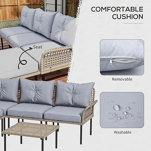 Miniatura 4 de Outsunny Juego de muebles de patio de 5 piezas, juego de conversación al aire libre con sofá en forma de L, cojines, para patio trasero, césped y