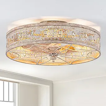 Rustic Farmhouse Caged Ceiling Fans with Lights,Vintage Fancy Antique Crystal Decorative,Bladeless Enclosed Flush Mount Low Profile Small Fandeliers for Kitchen,Bedroom