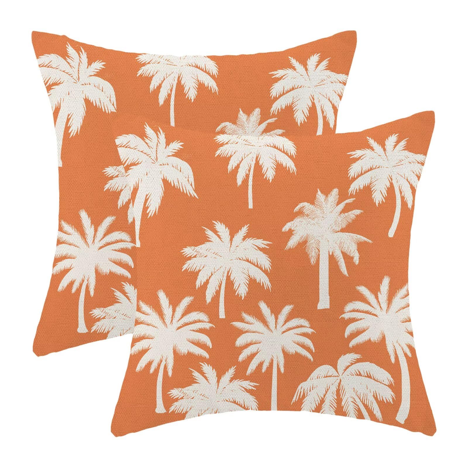 ZHOUYETAK Summer Plan Tree Pillow Covers 18x18 Inch Set of 2, Orange Tropical Botany Outdoor Decorative Coastal Plants Throw Pillows White Tree Couch