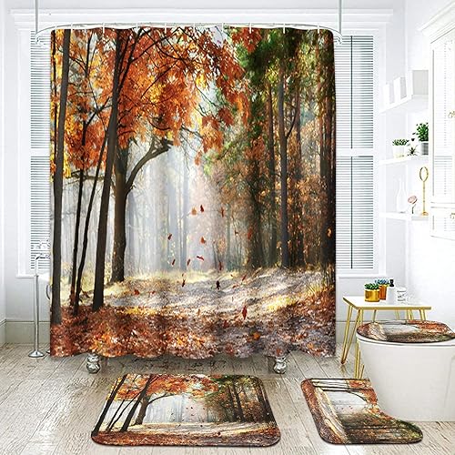 ArtSocket Juego de baño de arce otoñal con cortina de ducha y accesorios para alfombras, hojas de arce caídas, color naranja bosque otoñal, cortina