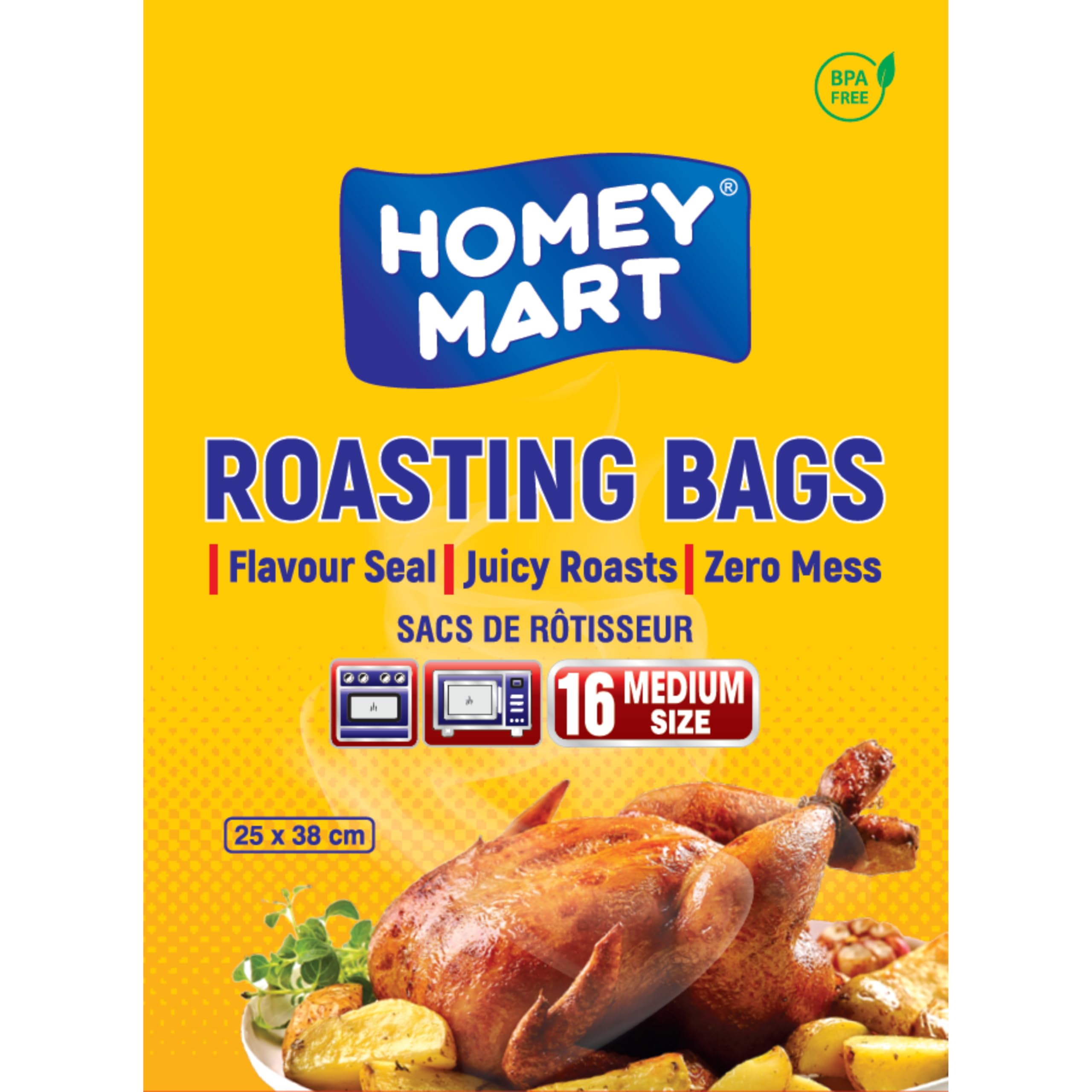 Homey Mart Clear Premium Roasting Bags, Flavour-Seal For Chicken, Turkey, Meat, Fish & Vegetables, Oven & Microwave Safe Up To 400° F, Bpa-Free, Medium Size 25Cm X 38Cm, 16 -Pack With Ties