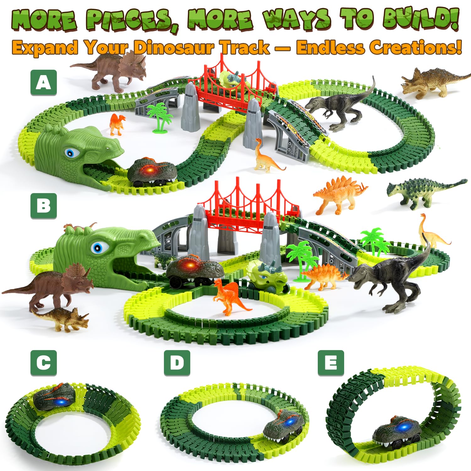 EagleStone Dinosaurier Rennbahn Set – 225 Teile Flexible Rennstrecke, 1 elektrisches Dino Auto mit Licht, 8 Dino Figuren, Dino Tunnelkopf, Weihnachts Geburtstagsgeschenk für Kinder von 3 bis 8 Jahren