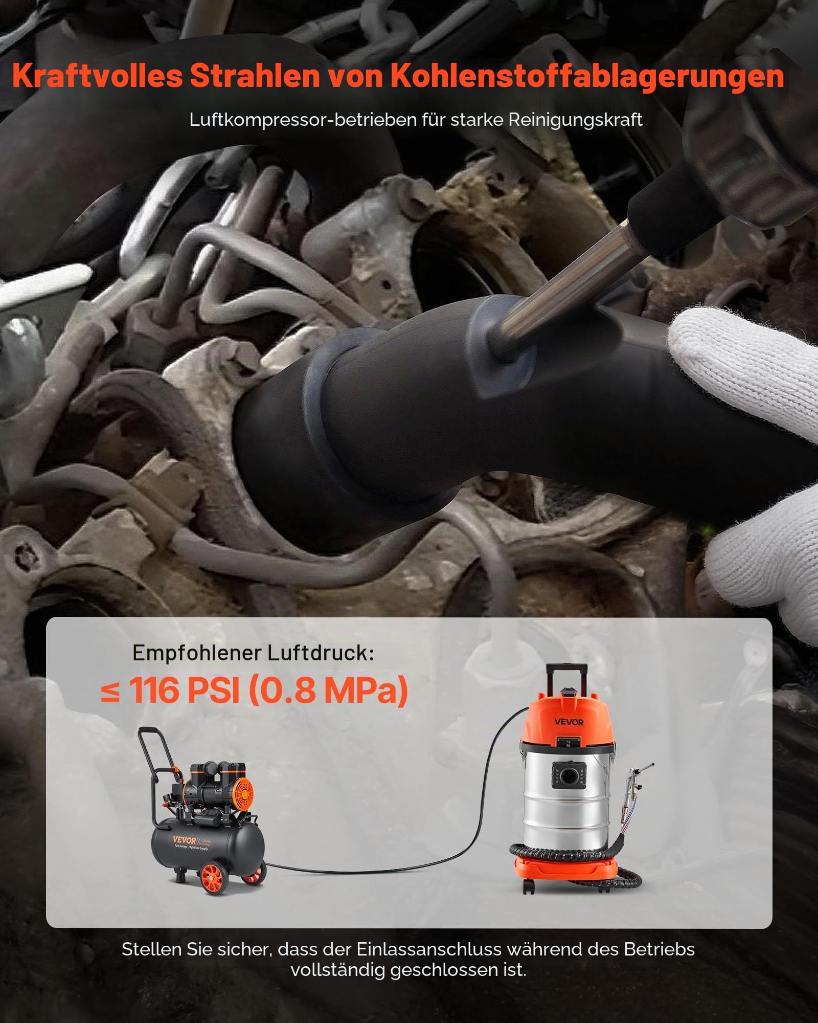 VEVOR Walnuss Strahlgerät 30 L, Sandstrahlgerät 1600 W, Sandstrahlanlage zur Entkohlung von Ansaugkrümmern & Ventilen, Sandstrahler inkl. 2,5 kg Walnussschalen & 23 Adapter