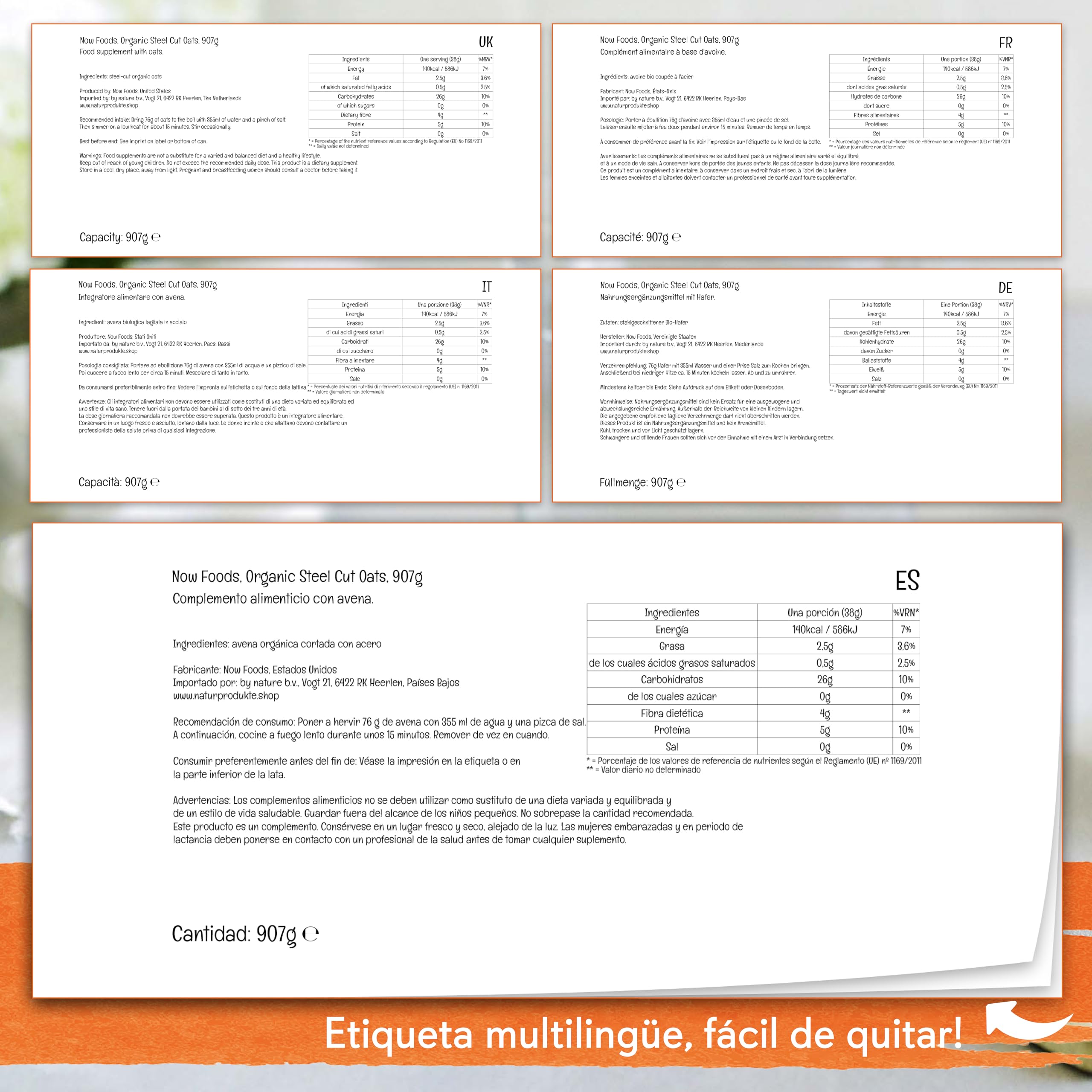 Now Foods, Organic Steel Cut Oats (Avena Cortada de Acero Orgánica), 907g, Probada en Laboratorio, Sin Soja, Vegana, No GMO