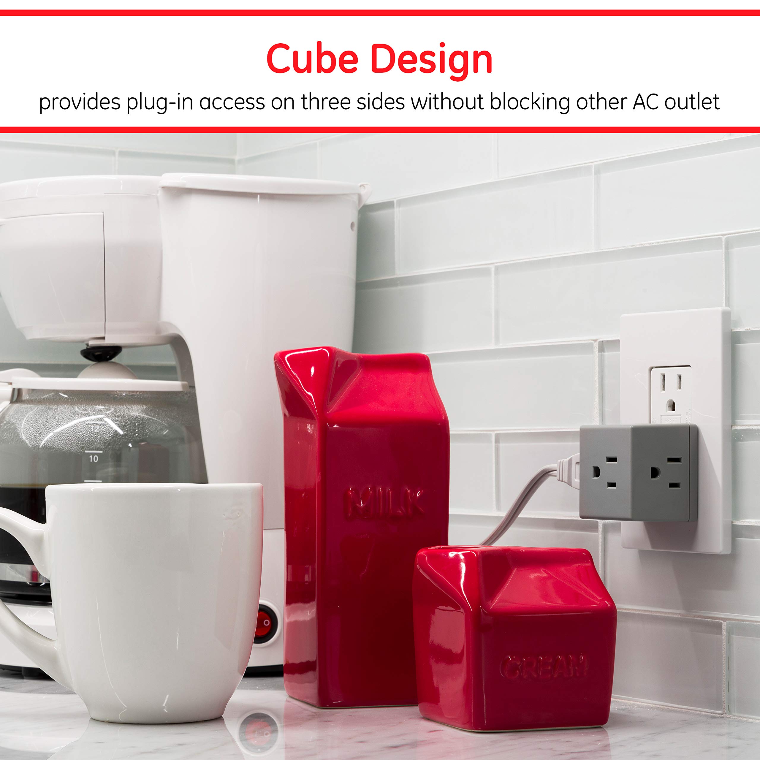 Jasco GE 3-Outlet Extender Wall Tap Cube, 3 Pack, Adapter Spaced Outlets, Easy Access Design, Grounded, 3-Prong, Perfect for Home or Travel, UL Listed, Gray, 47036