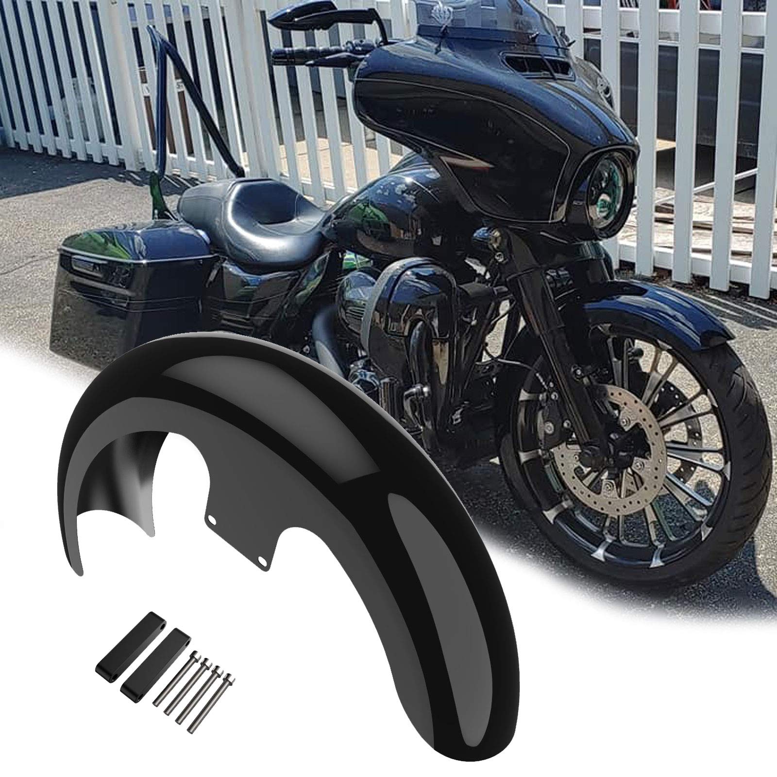 Advanblack Vivid Black 19" Harley Front Fender, Wrapper Reveal Mudguard, Motorcycle Front Fender with Spacers Fit for 2014+ Harley/Davidson FLH Touring