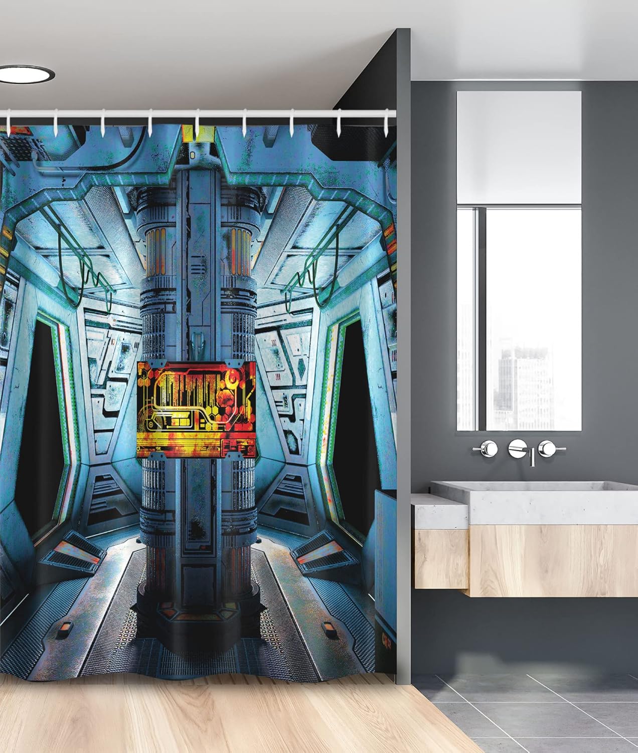 Ambesonne Outer Space Stall Shower Curtain, Space Ship Station Base Control Room Technology Elements Features Image, Fabric Bathroom Decor Set with Hooks, 54" W x 78" L, Blue Black Orange
